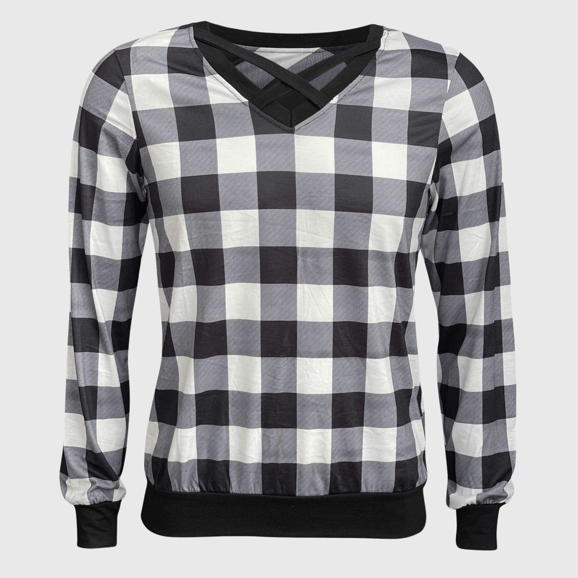 ILTEX Apparel Adult Clothing Crisscross V-Neck Black White Plaid Top