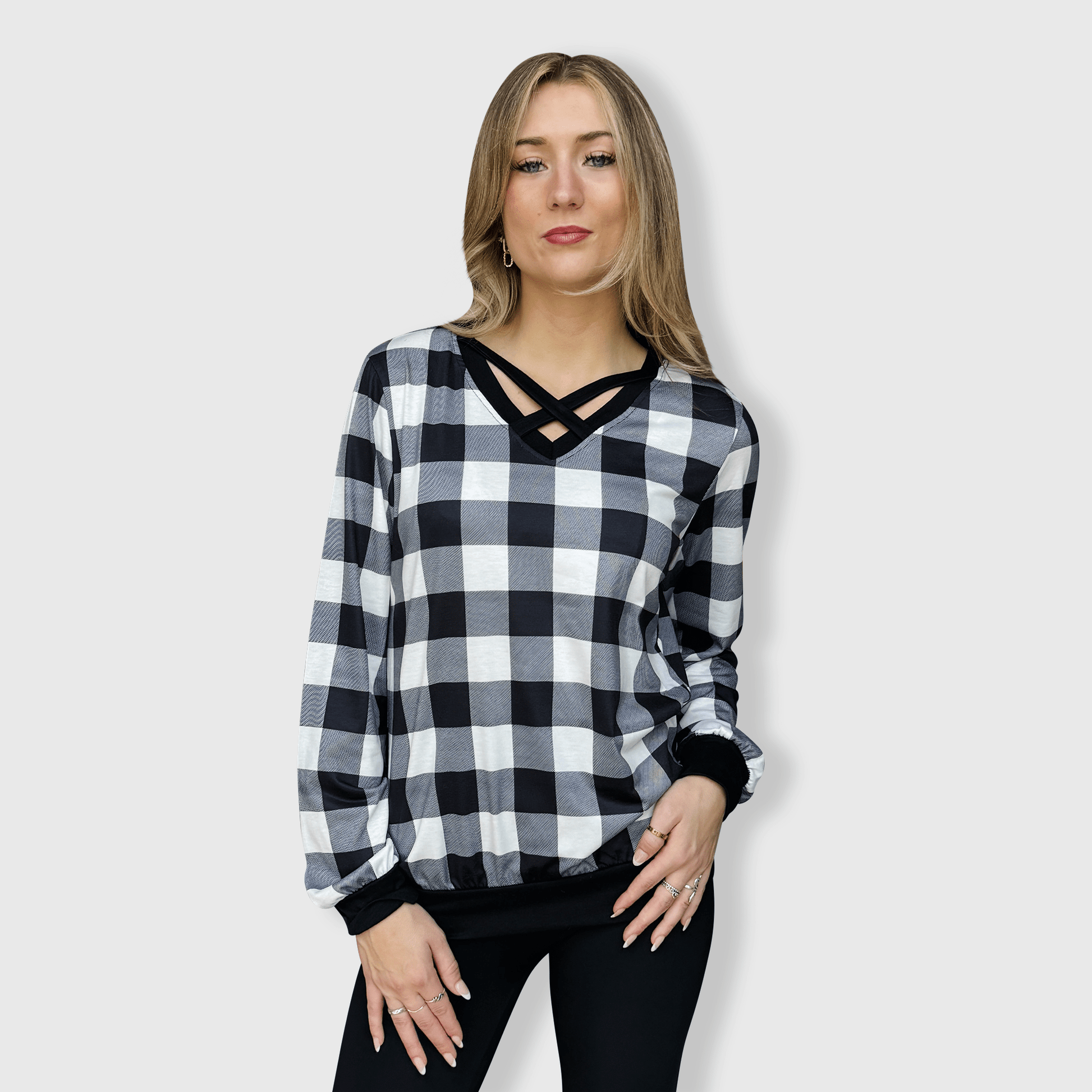 ILTEX Apparel Adult Clothing Crisscross V-Neck Black White Plaid Top