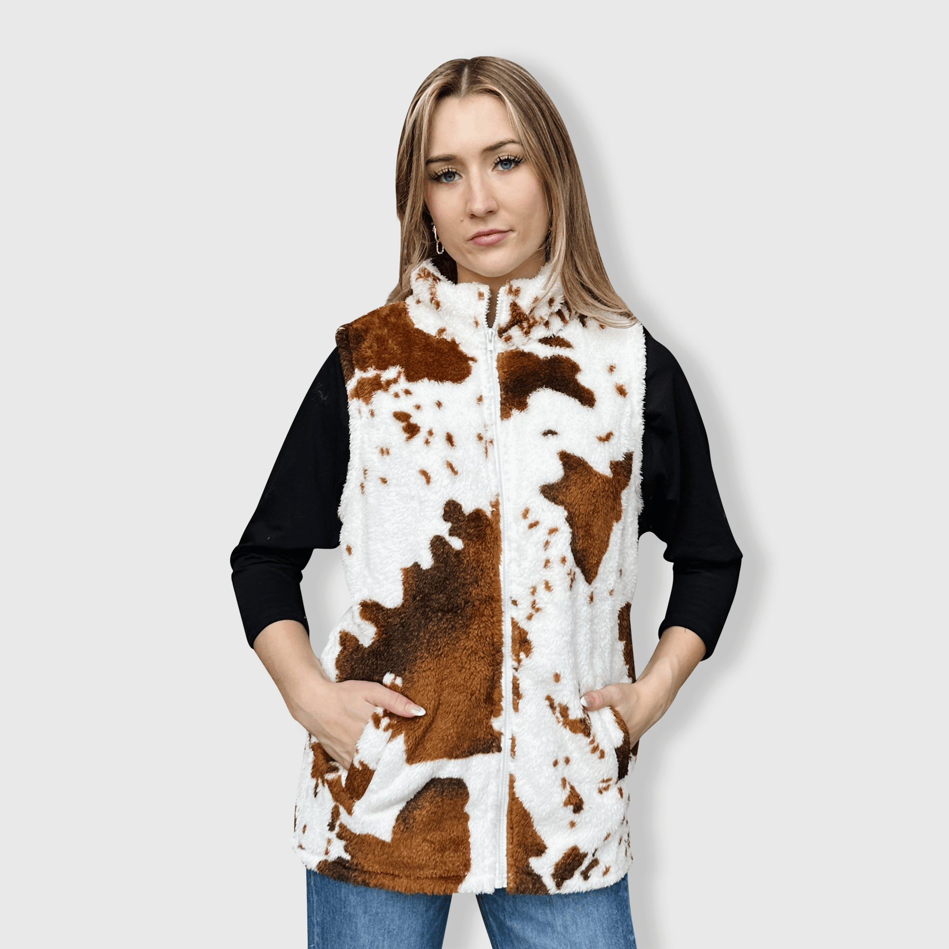 ILTEX Apparel Adult Clothing Sherpa Brown Cow Vest Women