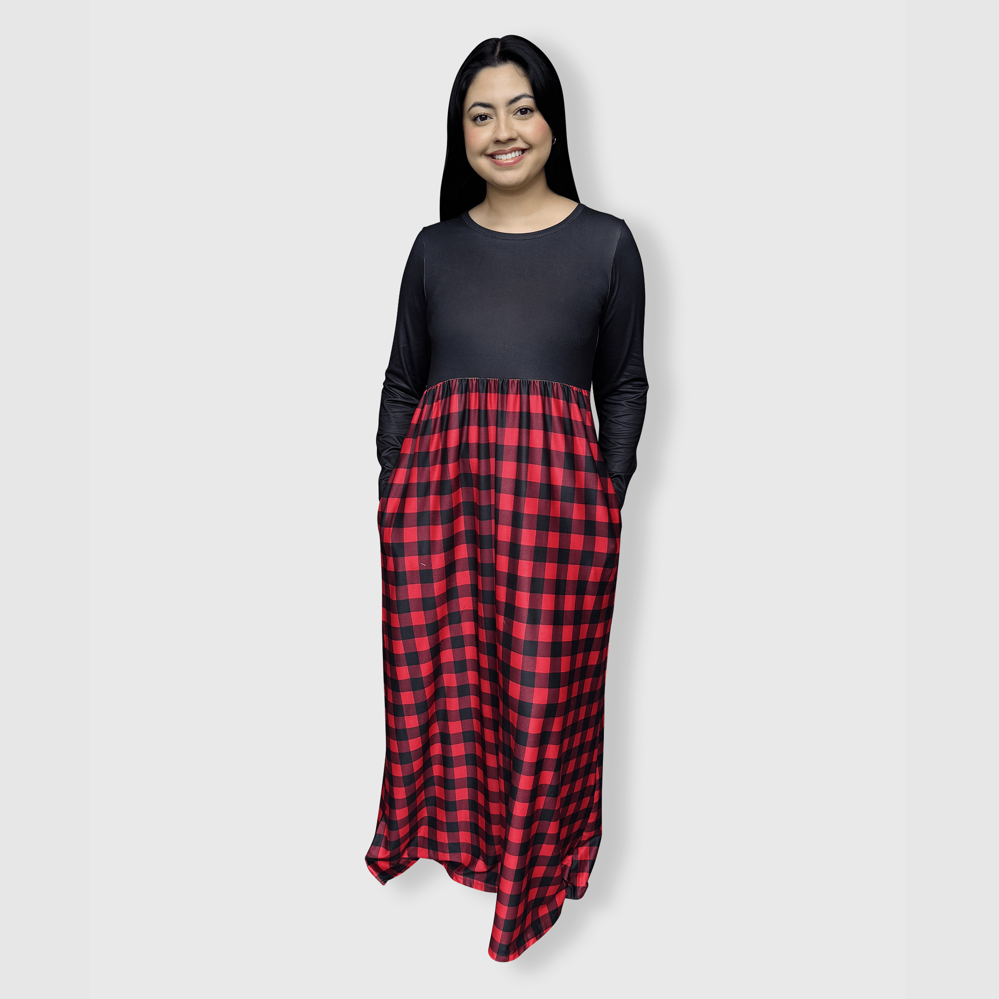 Plaid Red Black Long Sleeve Maxi Dress Women | ILTEX Apparel Large Plaid Red Black Long Sleeve Maxi Dress Women | ILTEX Apparel Large