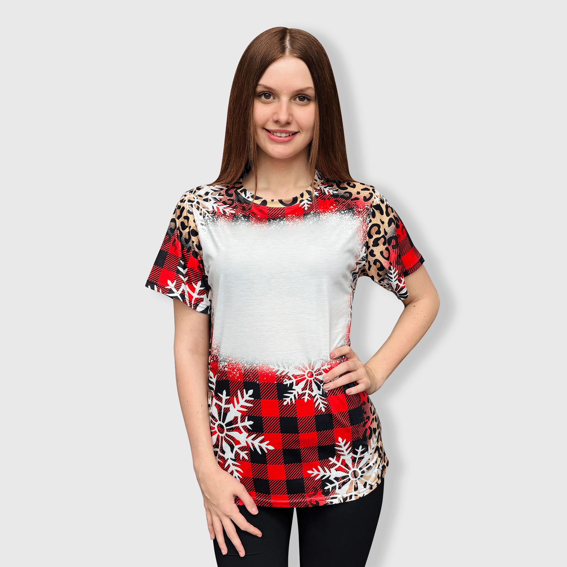 ILTEX Apparel Women's Clothing Buffalo Plaid Cheetah Snowflakes Blank Faux Bleached Top