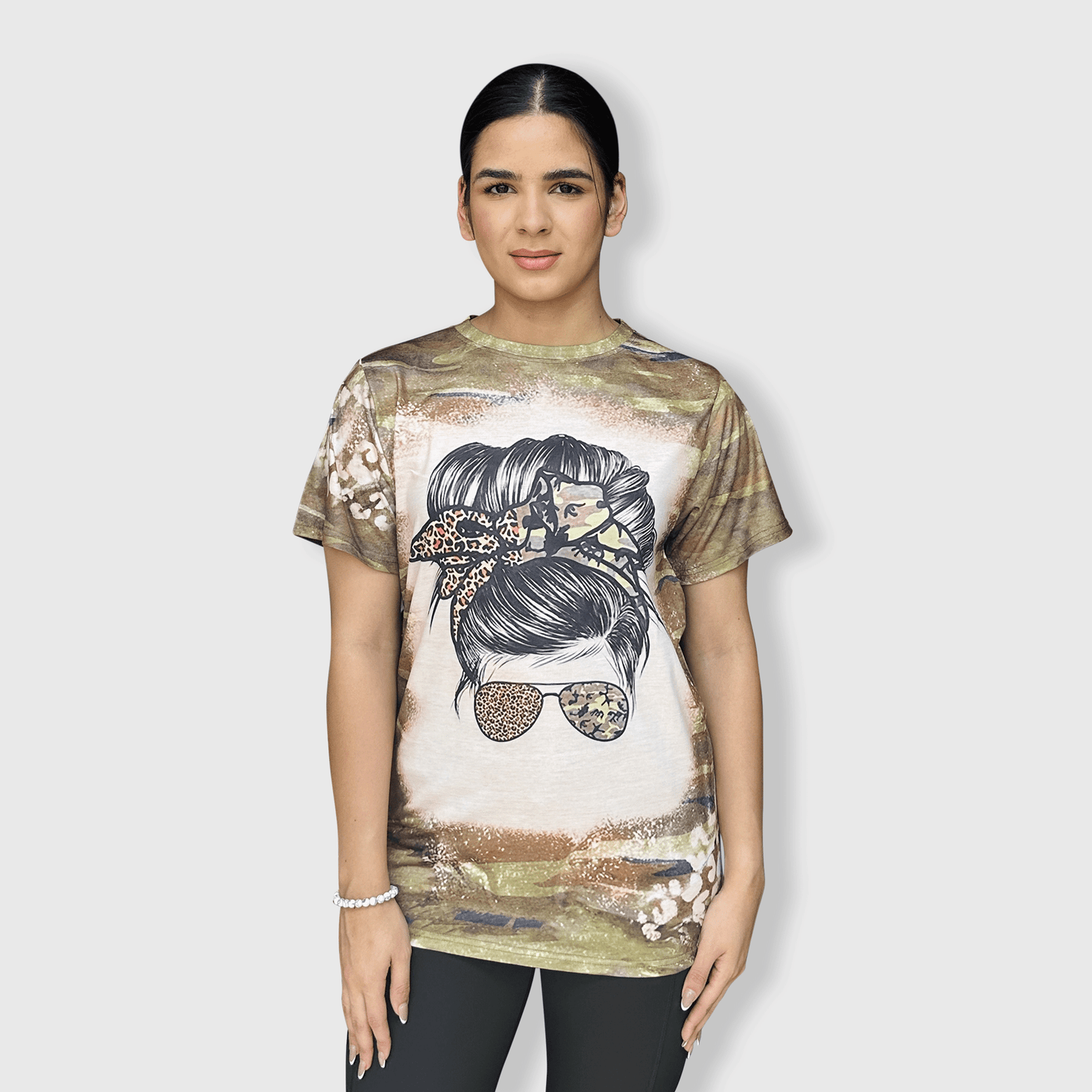 ILTEX Apparel Women's Clothing Camo Cheetah Mama Bun Faux Bleached Top