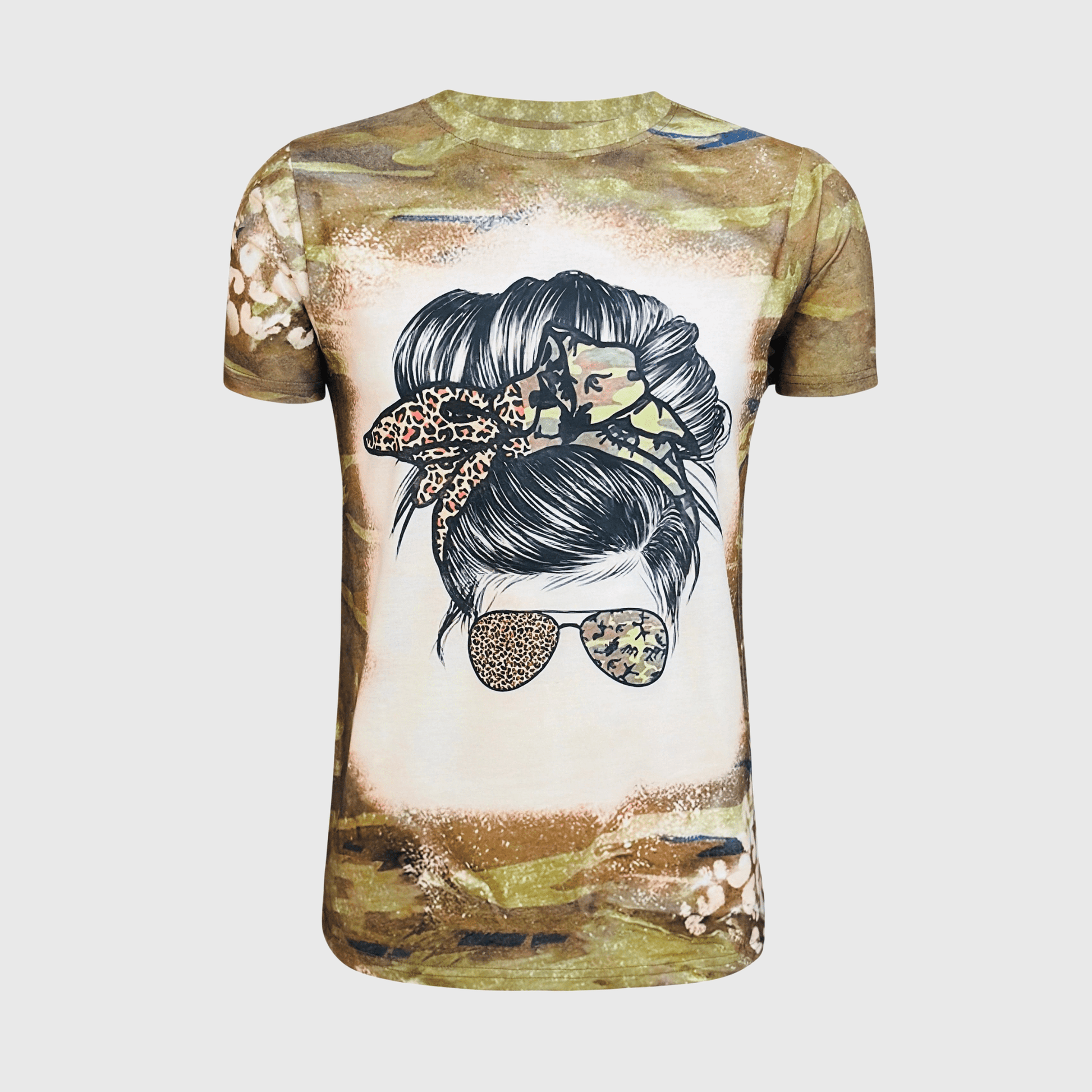 ILTEX Apparel Women's Clothing Camo Cheetah Mama Bun Faux Bleached Top