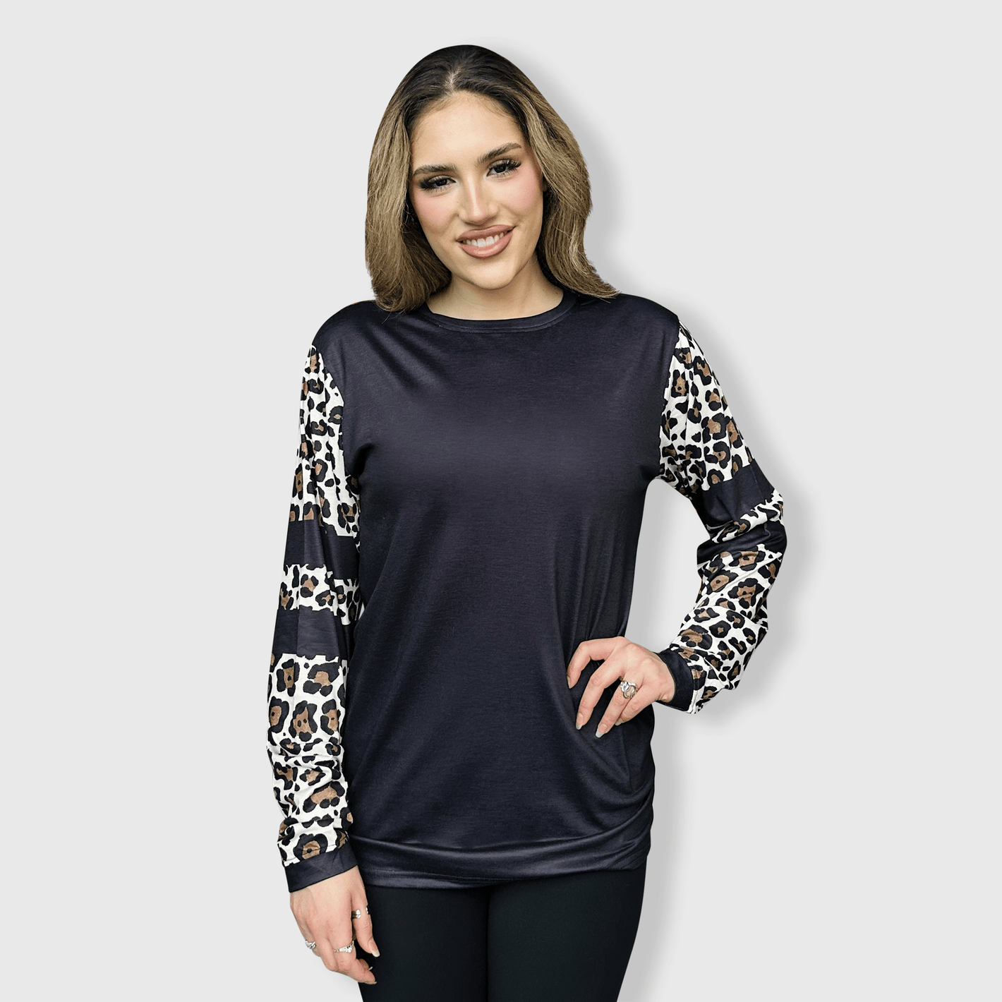 ILTEX Apparel Women's Clothing Cheetah Black Spliced Long Sleeve Top
