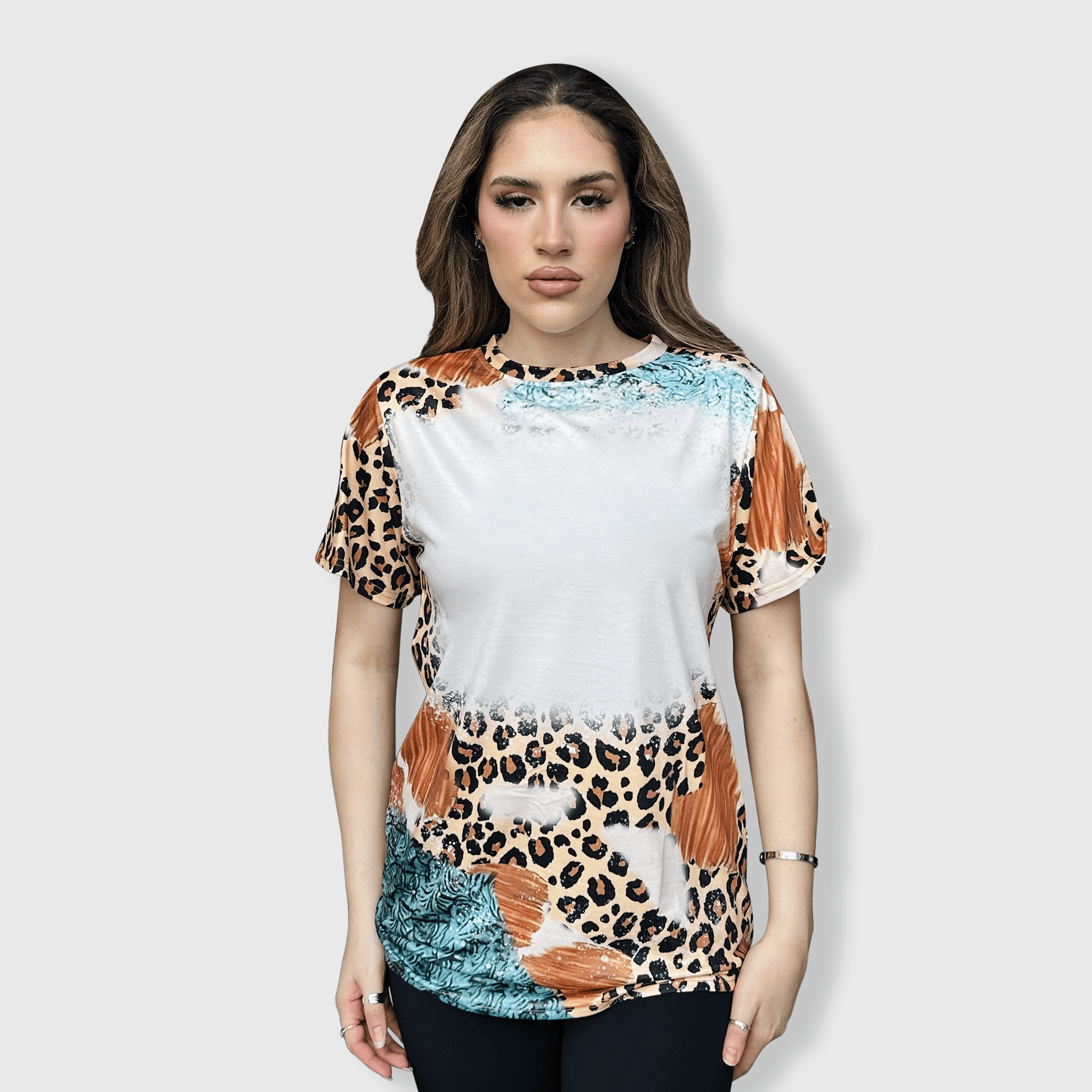 ILTEX Apparel Women's Clothing Cheetah Brown Turquoise Blank Faux Bleached Top