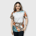 ILTEX Apparel Women's Clothing Cheetah Brown Turquoise Blank Faux Bleached Top