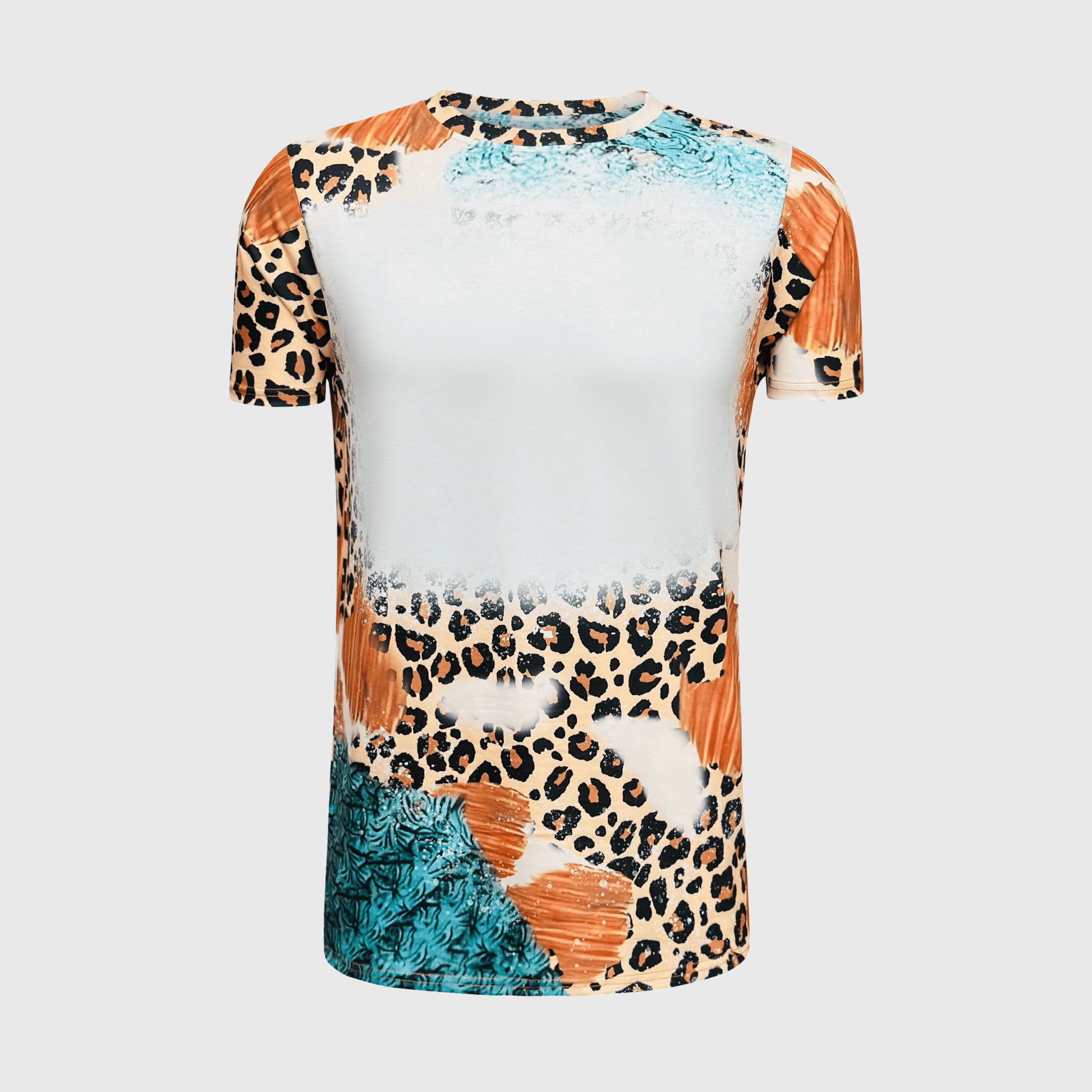 ILTEX Apparel Women's Clothing Cheetah Brown Turquoise Blank Faux Bleached Top