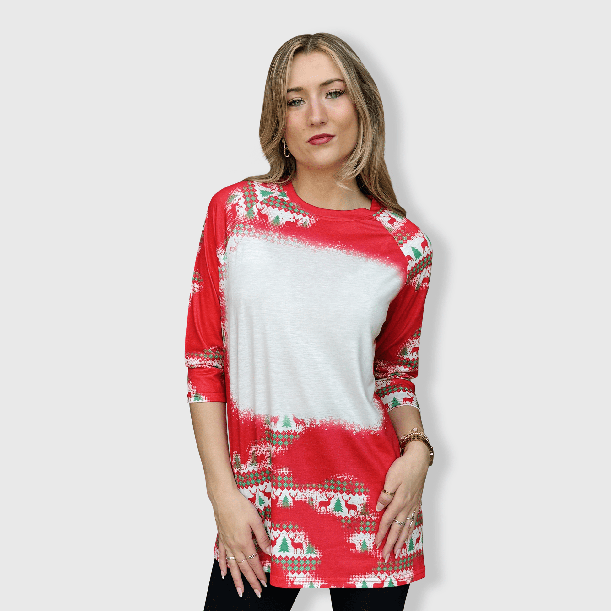 ILTEX Apparel Women's Clothing Christmas Red Reindeer Trees Raglan Blank Faux Bleached Top