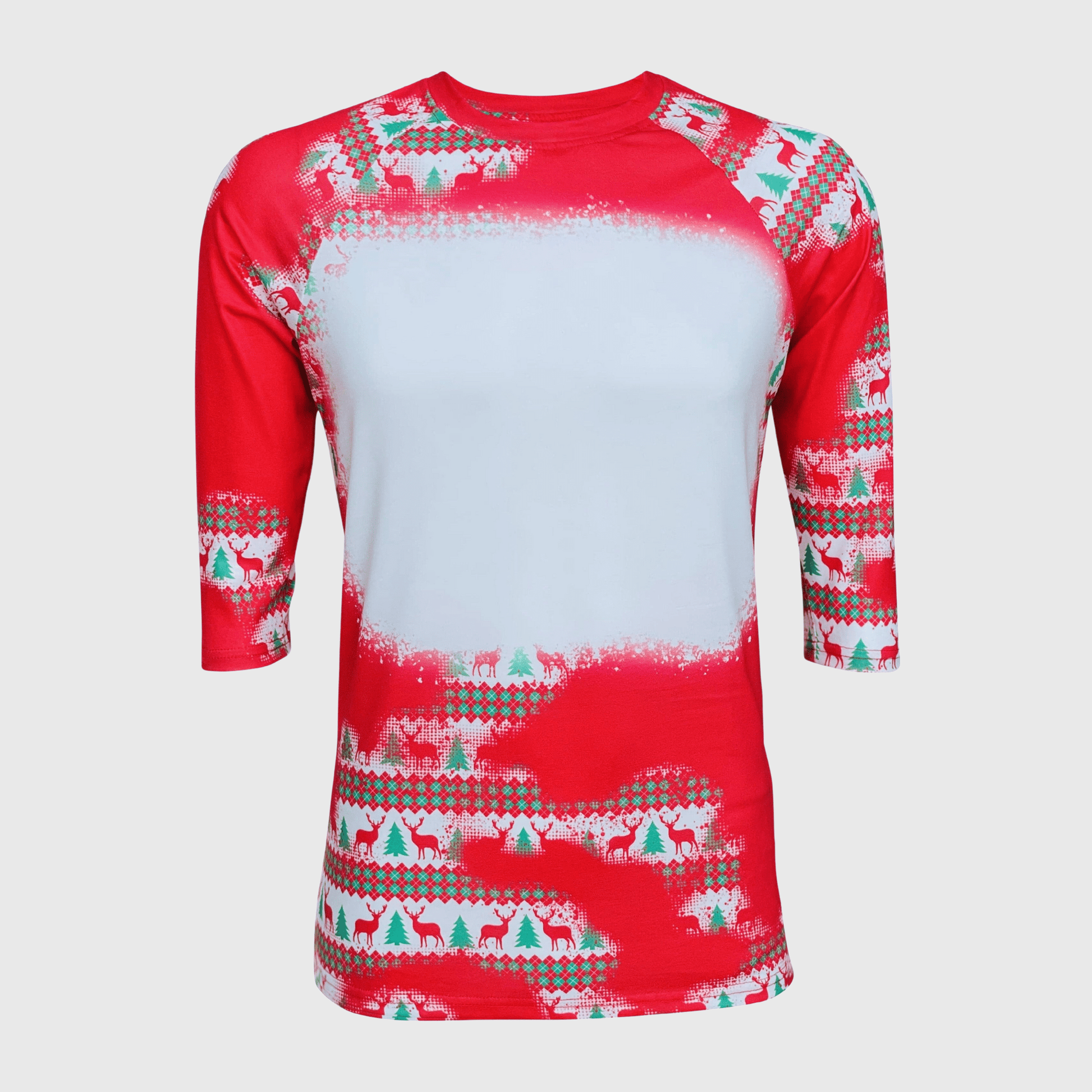ILTEX Apparel Women's Clothing Christmas Red Reindeer Trees Raglan Blank Faux Bleached Top