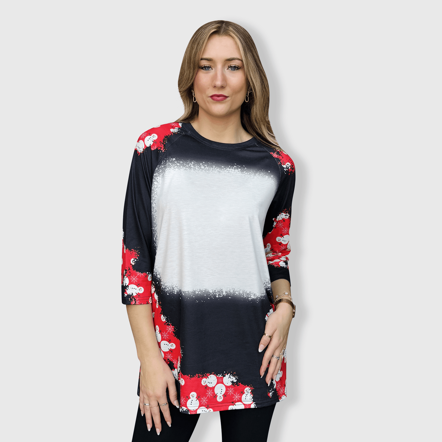 ILTEX Apparel Women's Clothing Christmas Snowman Raglan Blank Faux Bleached Top