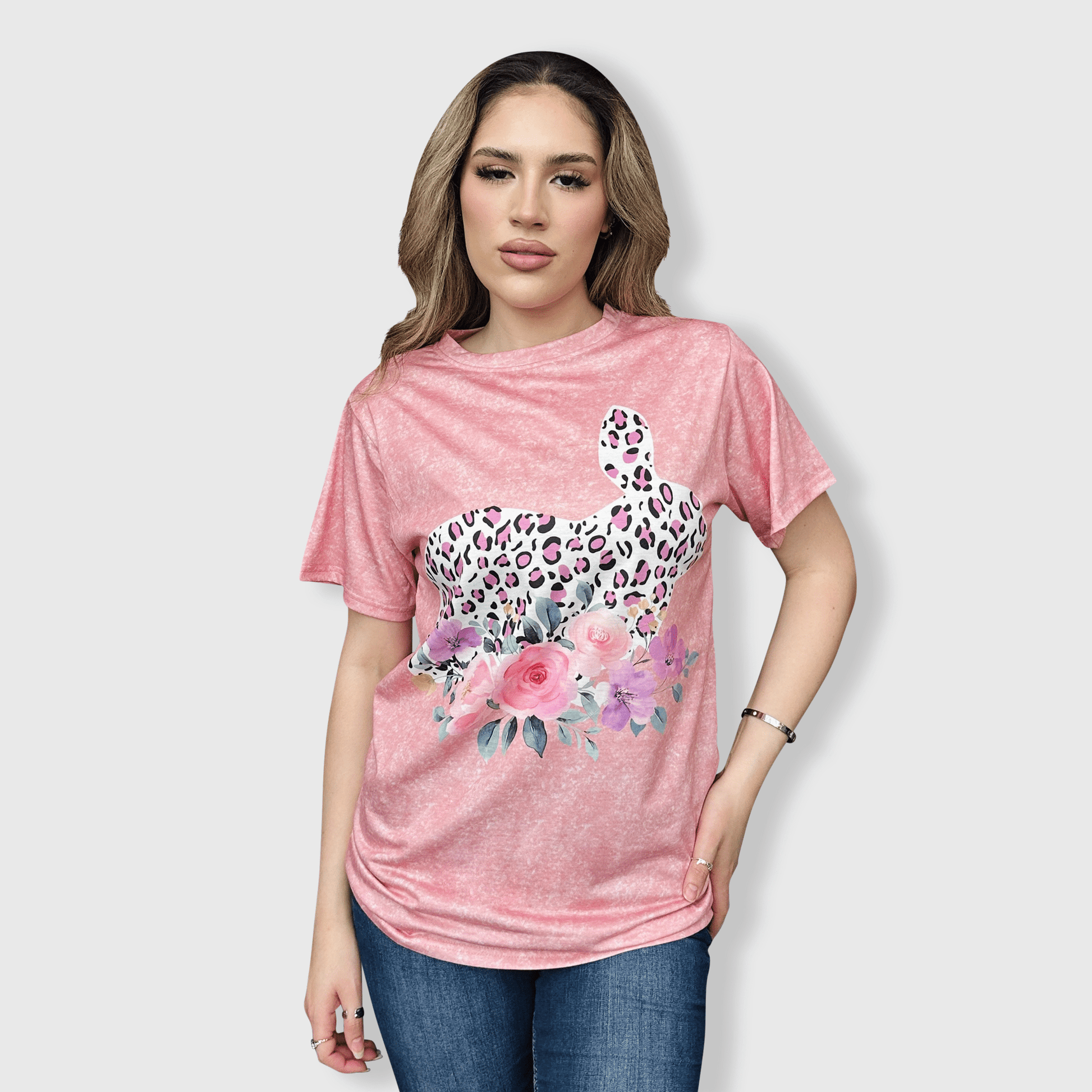 ILTEX Apparel Women's Clothing Easter Cheetah Coral Floral Bunny Top