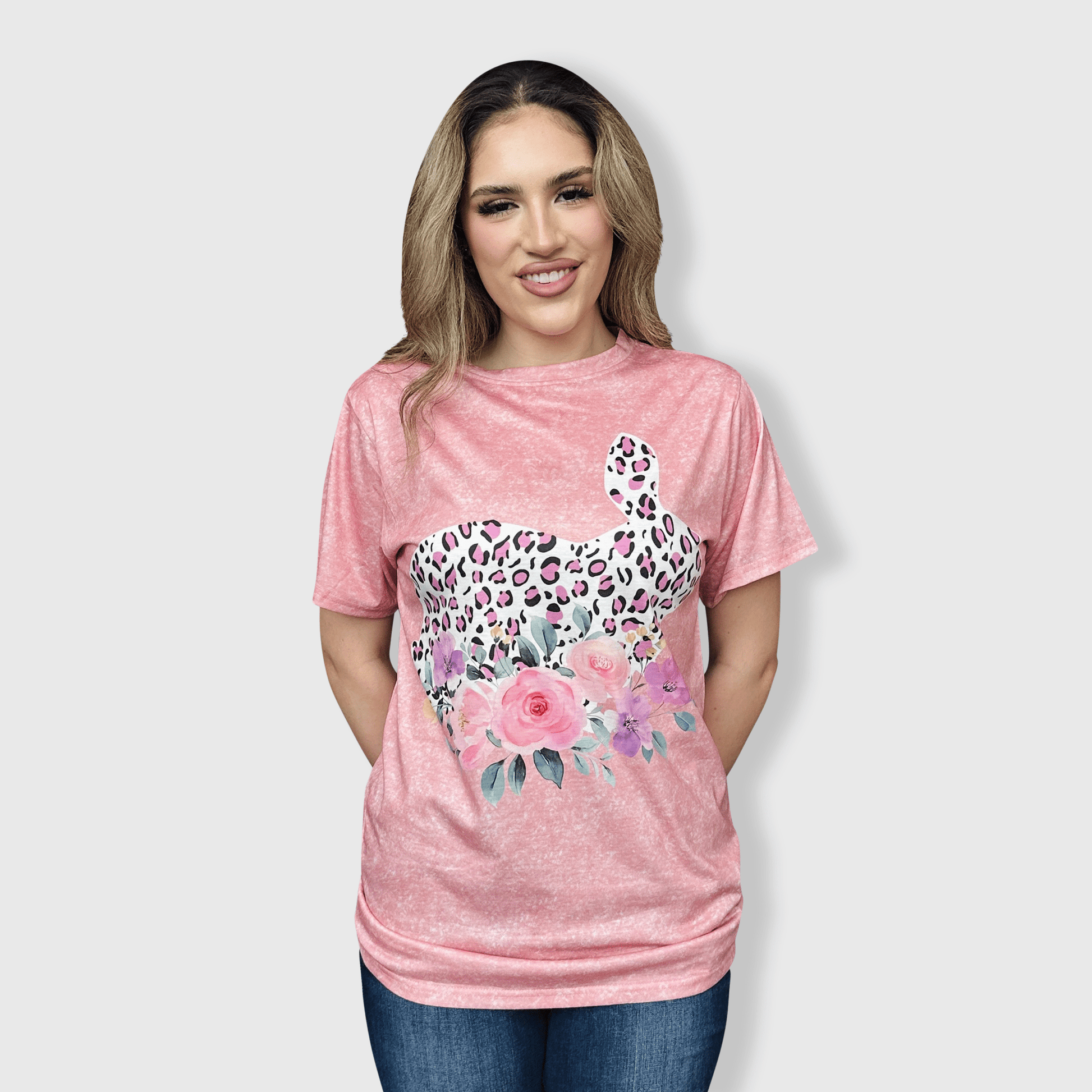 ILTEX Apparel Women's Clothing Easter Cheetah Coral Floral Bunny Top