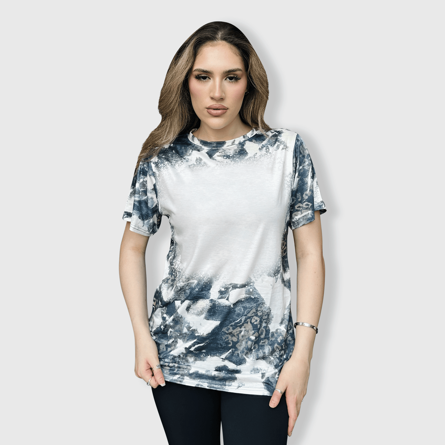 ILTEX Apparel Women's Clothing Faded Cheetah Black White Blank Faux Bleached Top