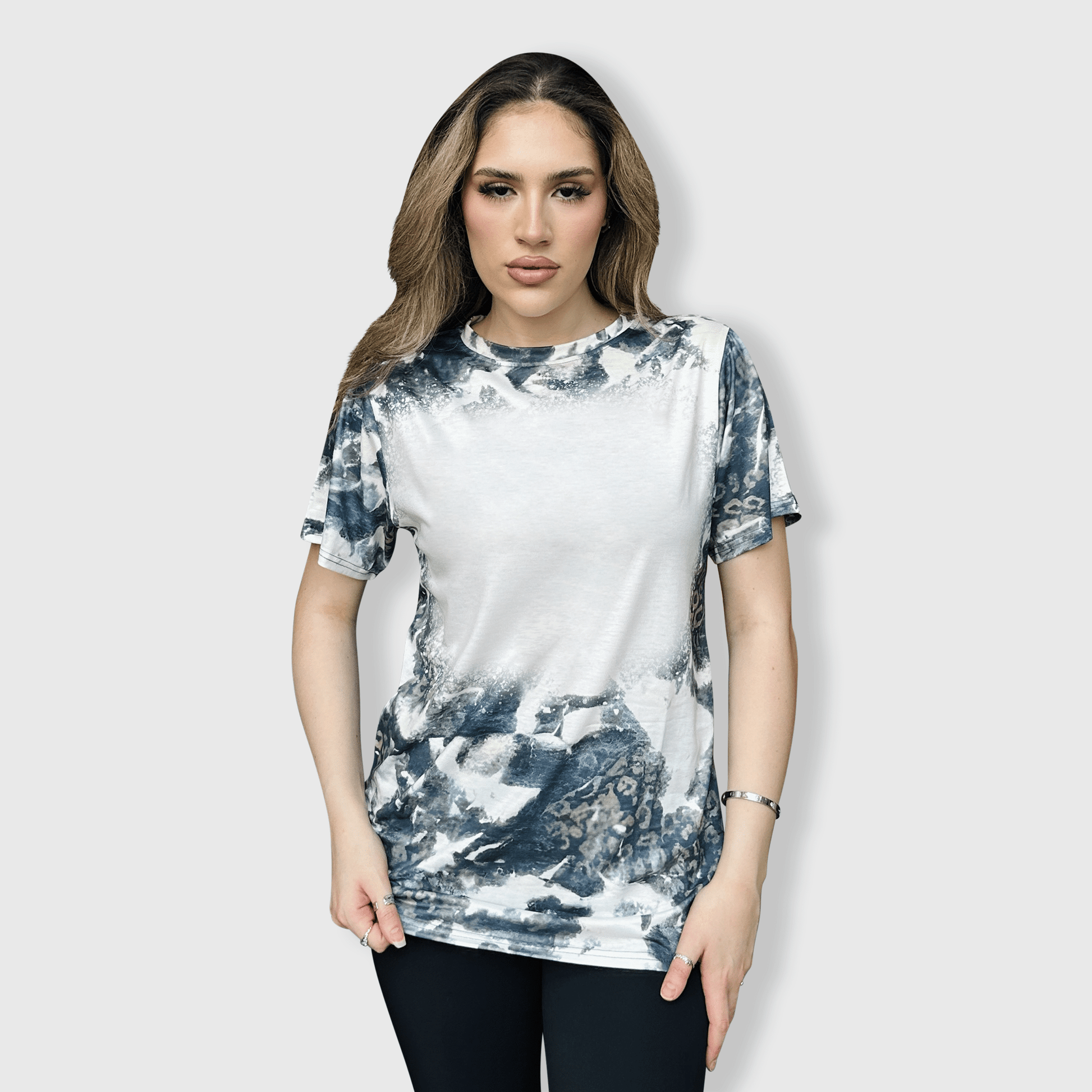 ILTEX Apparel Women's Clothing Faded Cheetah Black White Blank Faux Bleached Top