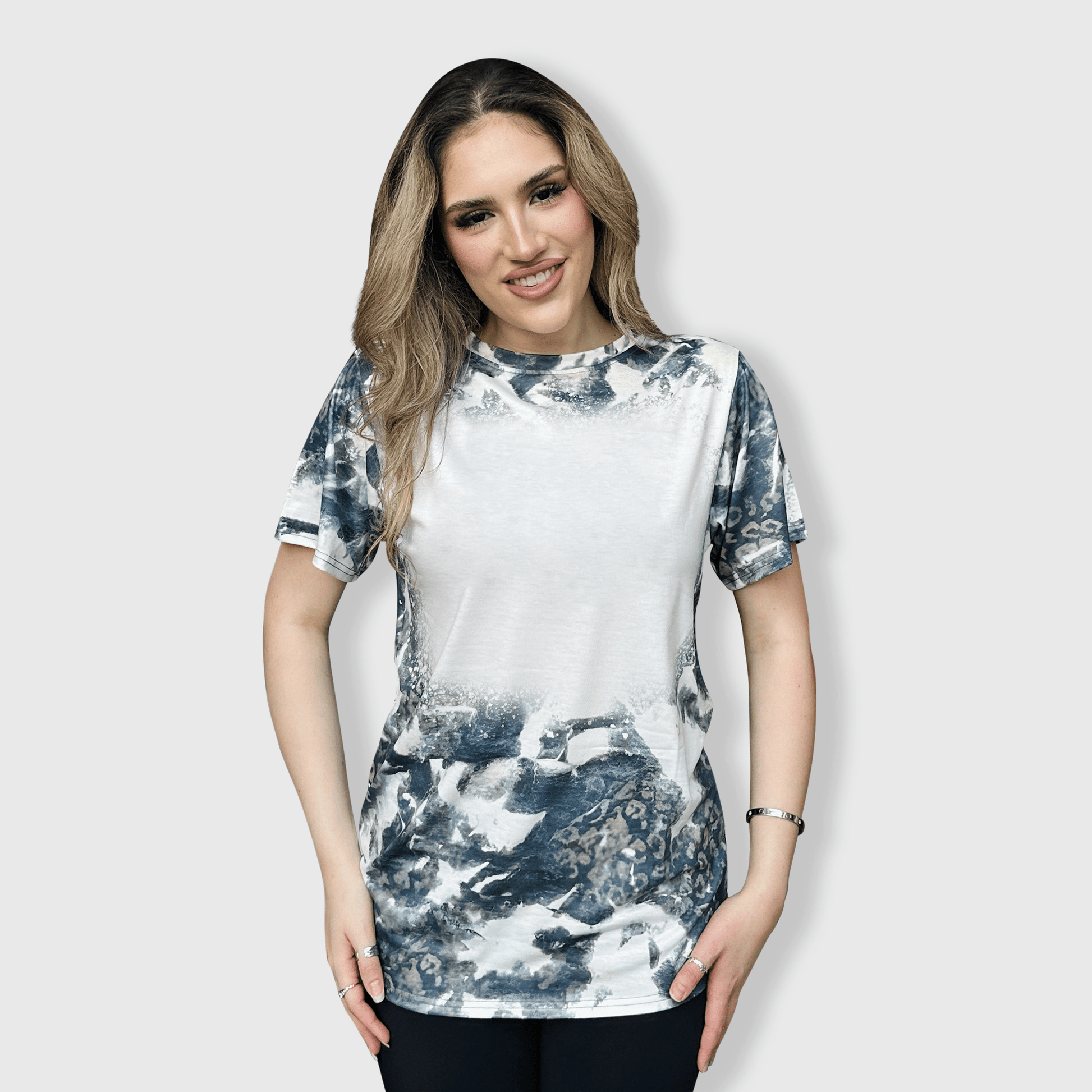 ILTEX Apparel Women's Clothing Faded Cheetah Black White Blank Faux Bleached Top