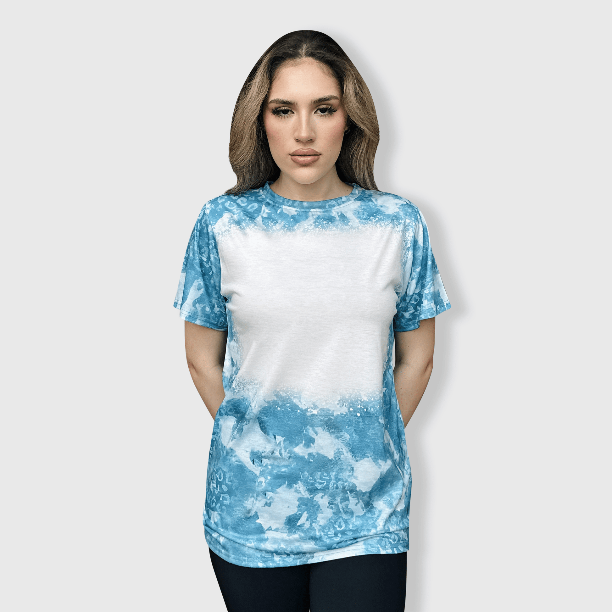 ILTEX Apparel Women's Clothing Faded Cheetah Blue Blank Faux Bleached Top