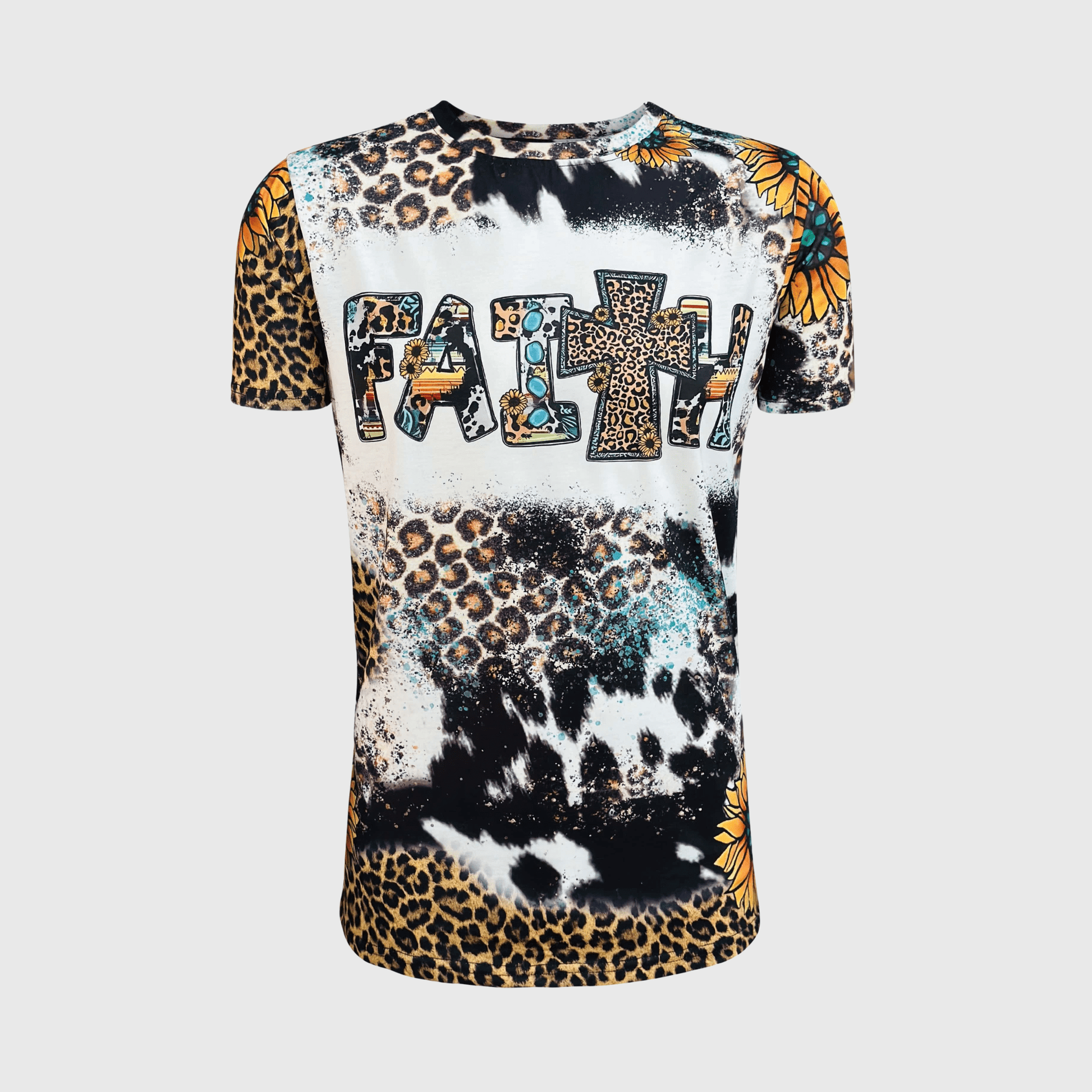 ILTEX Apparel Women's Clothing Faith Sunflower Cheetah Cow Faux Bleached Top