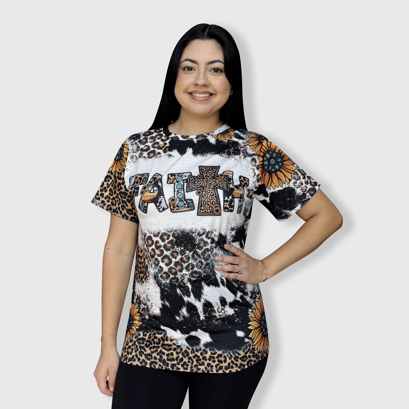 ILTEX Apparel Women's Clothing Faith Sunflower Cheetah Cow Faux Bleached Top