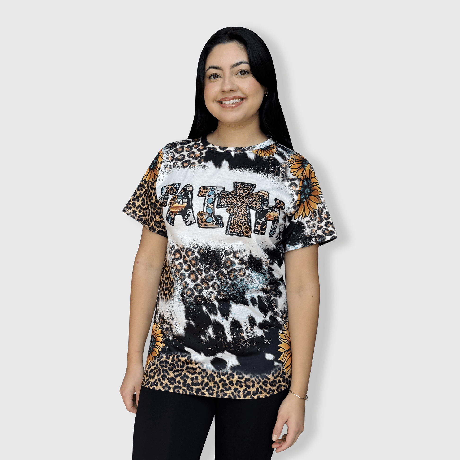 ILTEX Apparel Women's Clothing Faith Sunflower Cheetah Cow Faux Bleached Top
