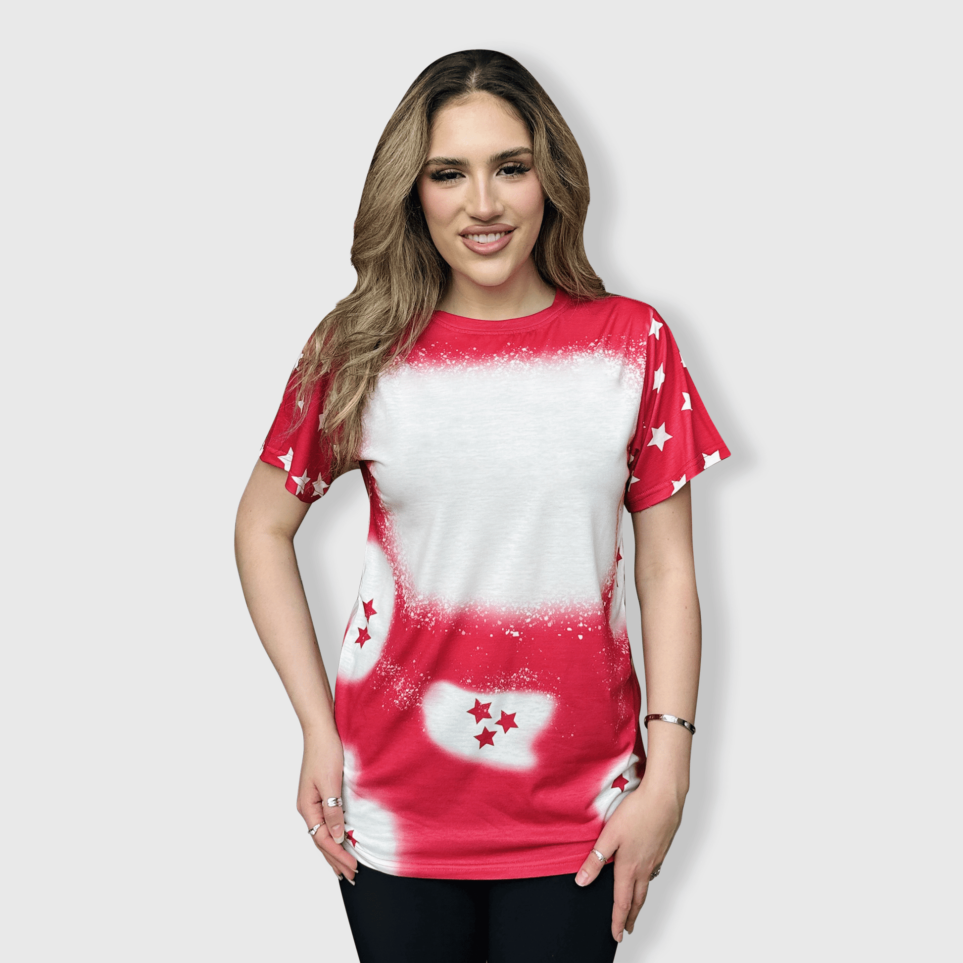 ILTEX Apparel Women's Clothing Fourth of July Stars Red Blank Faux Bleached Top