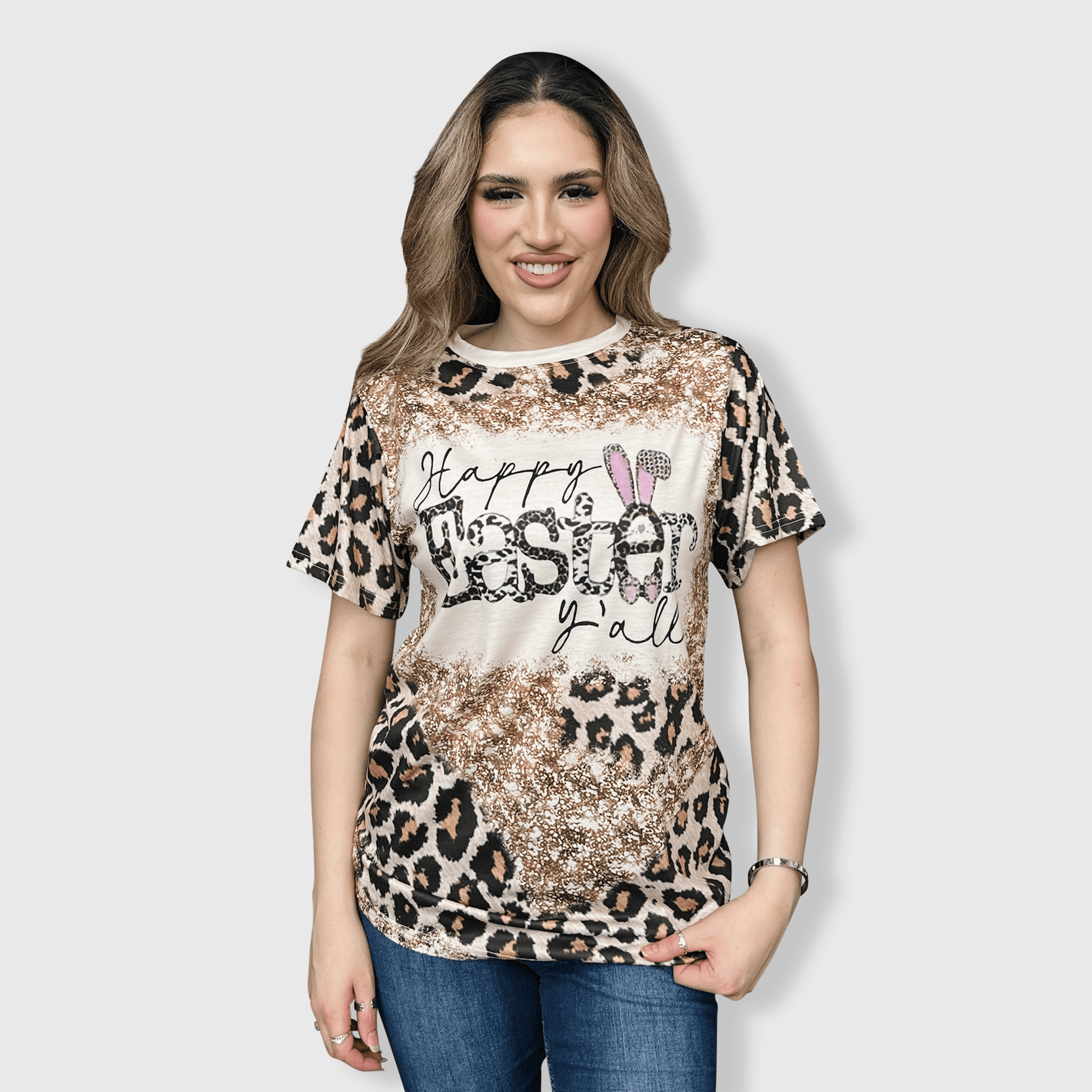 ILTEX Apparel Women's Clothing Happy Easter y'all Cheetah Top
