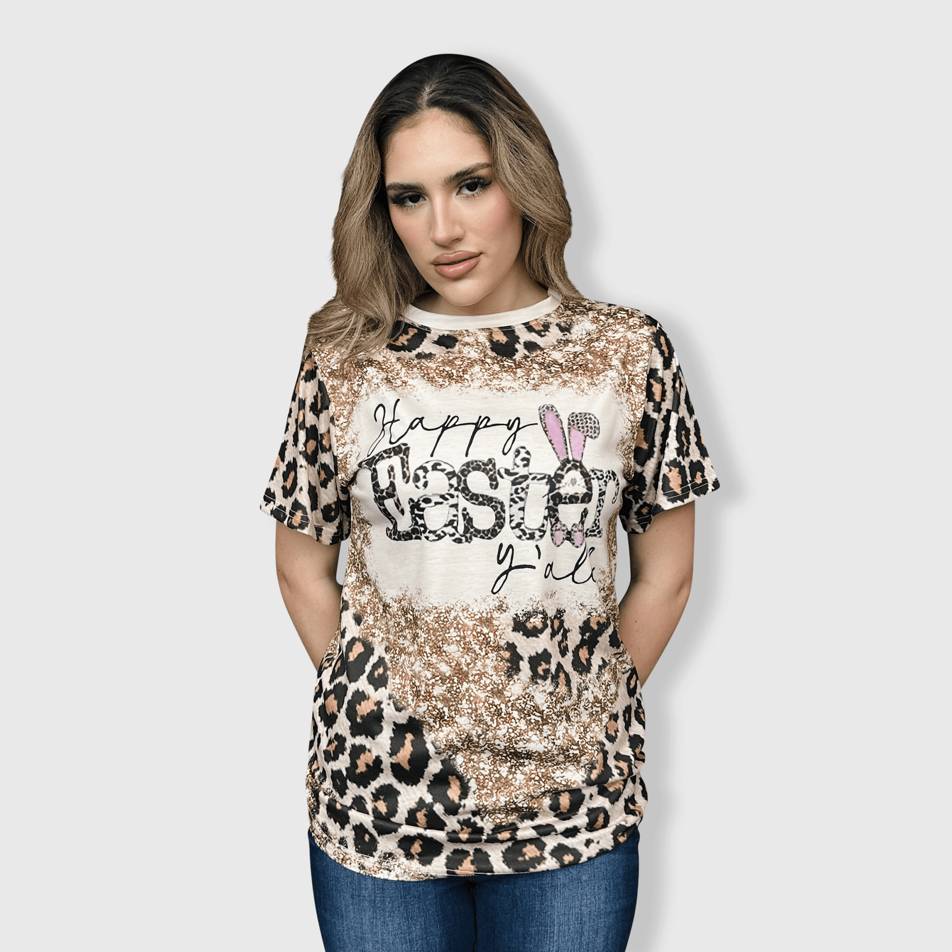 ILTEX Apparel Women's Clothing Happy Easter y'all Cheetah Top
