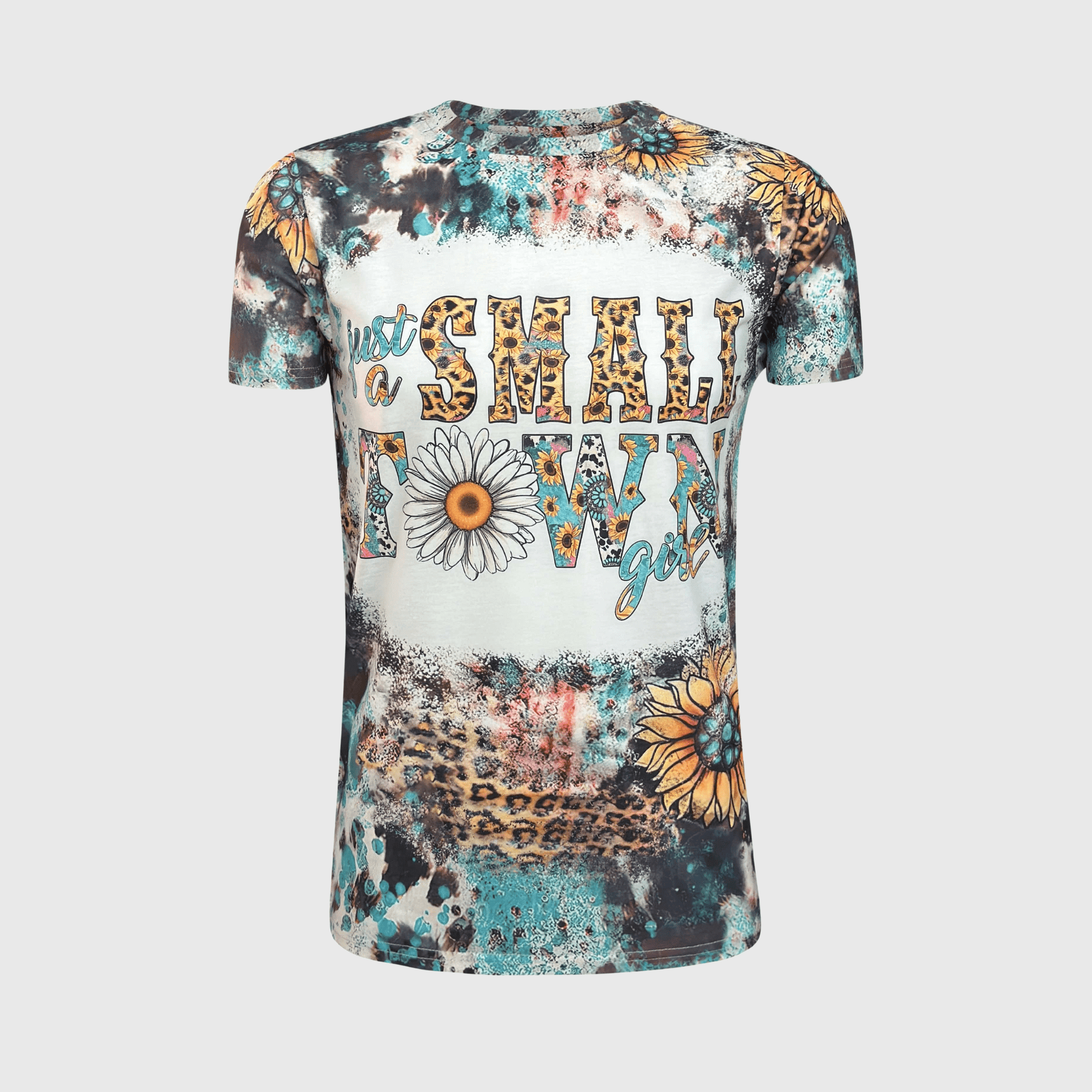 ILTEX Apparel Women's Clothing Just A Small Town Girl Sunflower Cheetah Faux Bleached Top