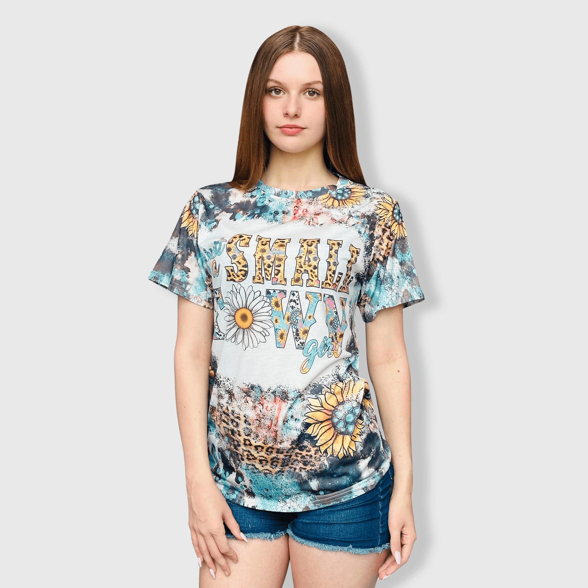 ILTEX Apparel Women's Clothing Just A Small Town Girl Sunflower Cheetah Faux Bleached Top