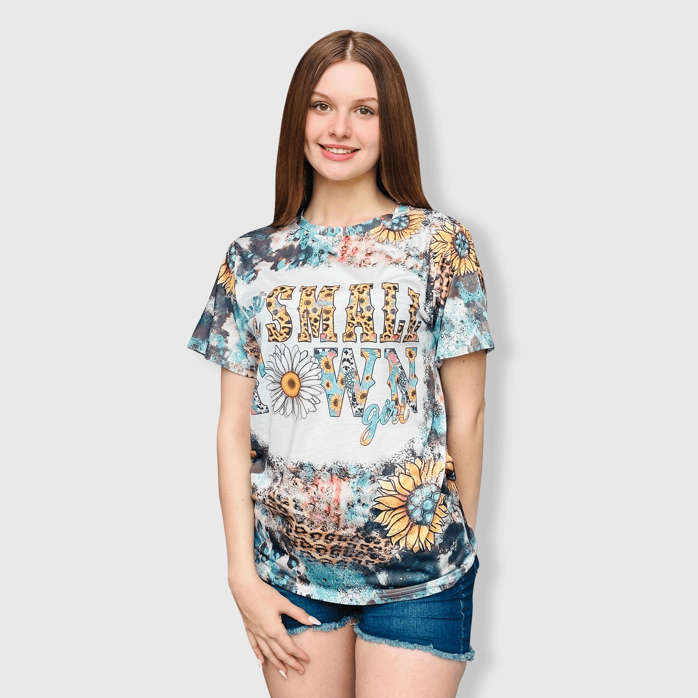 ILTEX Apparel Women's Clothing Just A Small Town Girl Sunflower Cheetah Faux Bleached Top