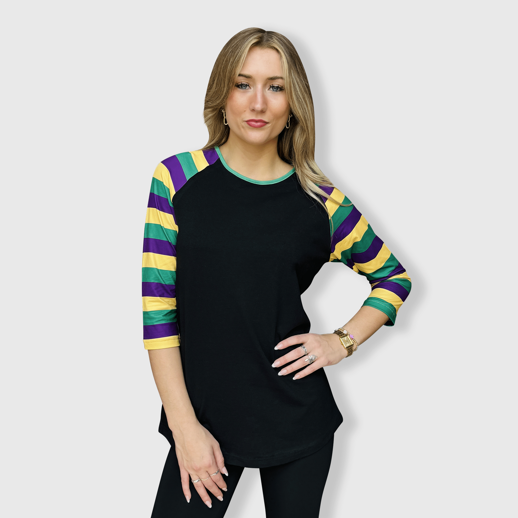 Mardi Gras Striped Black Top ILTEX Apparel - Main Image
