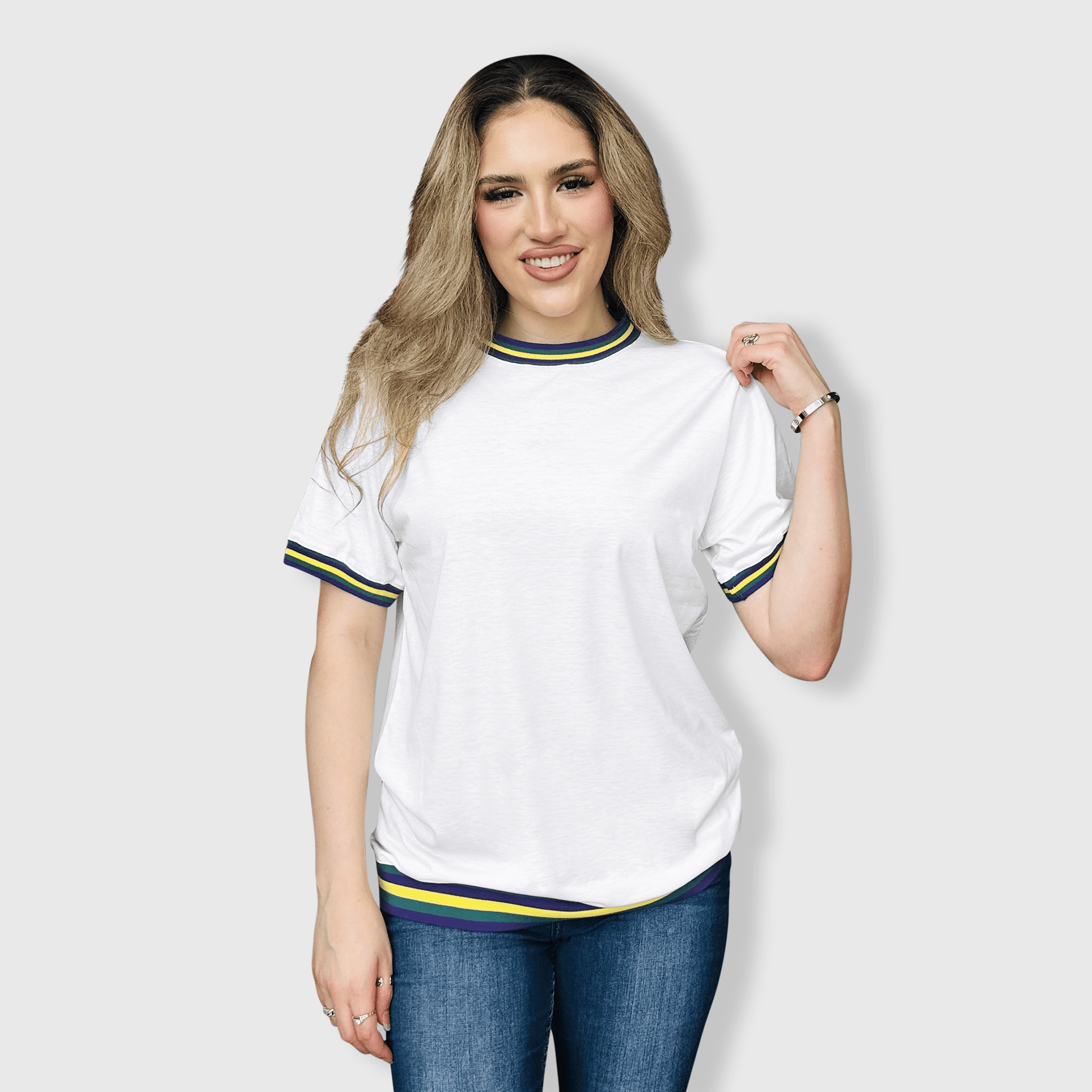 ILTEX Apparel Women's Clothing Mardi Gras White Ringer Tee