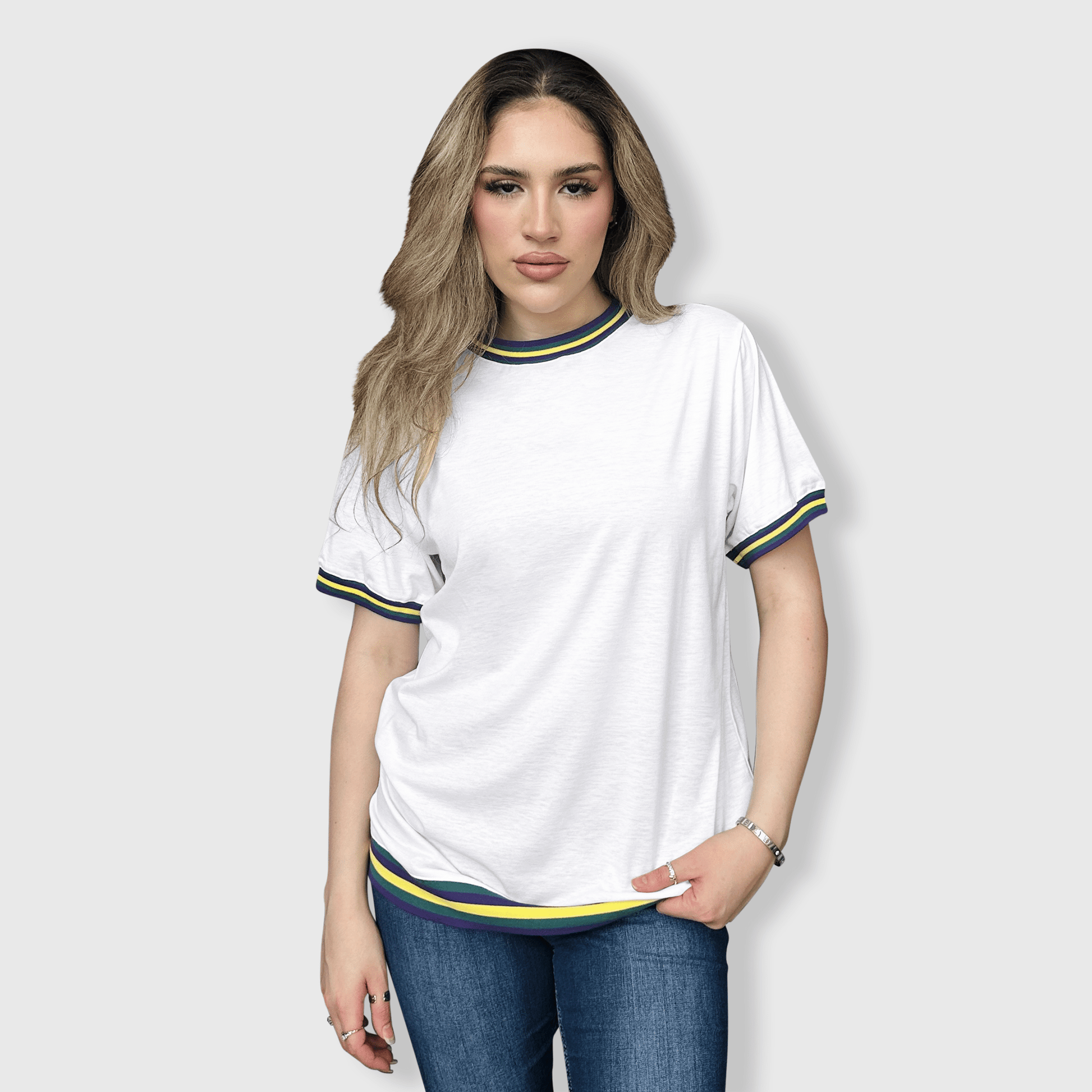 ILTEX Apparel Women's Clothing Mardi Gras White Ringer Tee