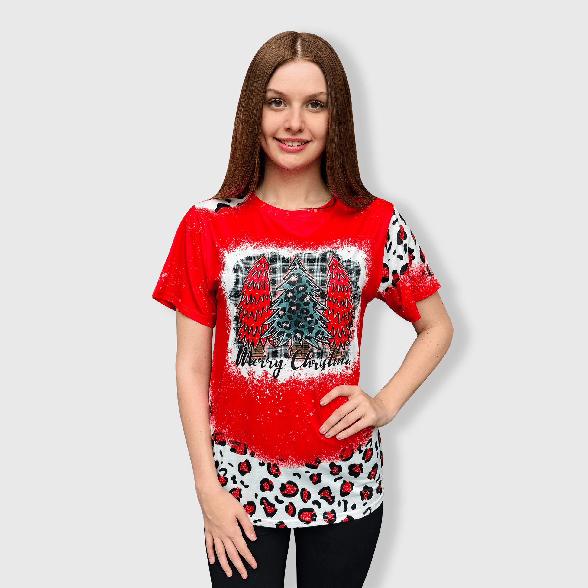 ILTEX Apparel Women's Clothing Merry Christmas Red Cheetah Short Sleeve Top