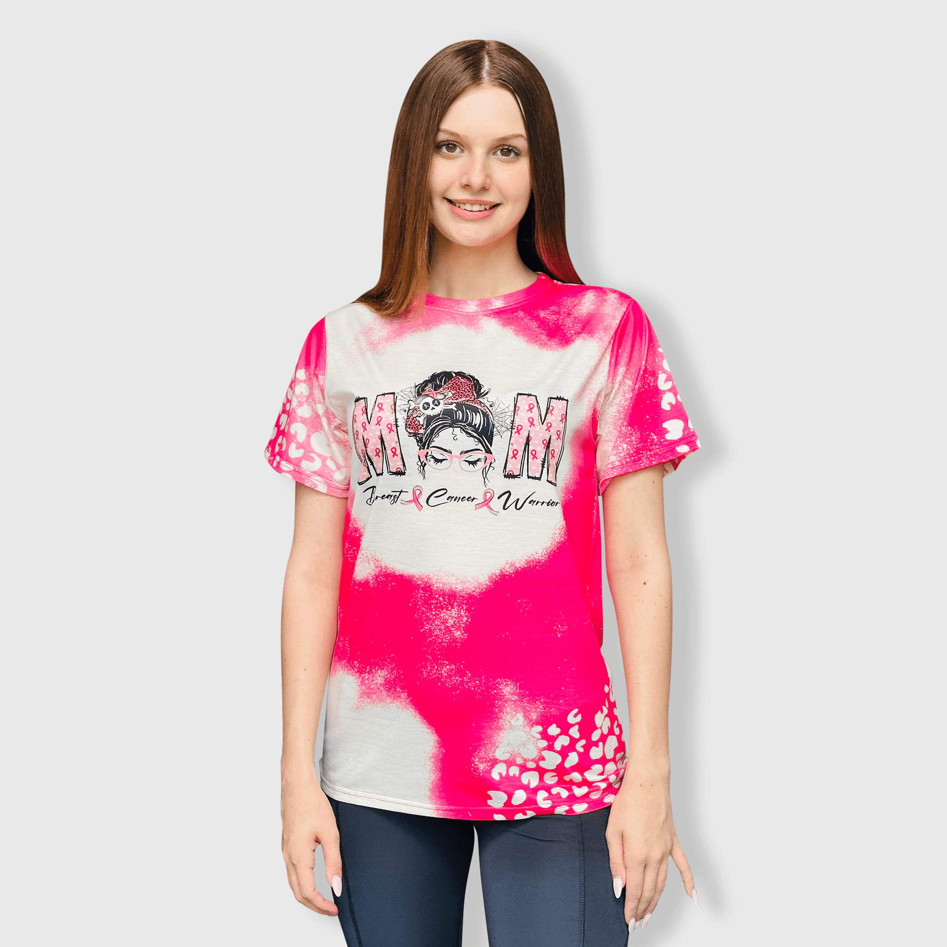 ILTEX Apparel Women's Clothing Messy Bun 'Breast Cancer ' Pink Cheetah Bleached Top