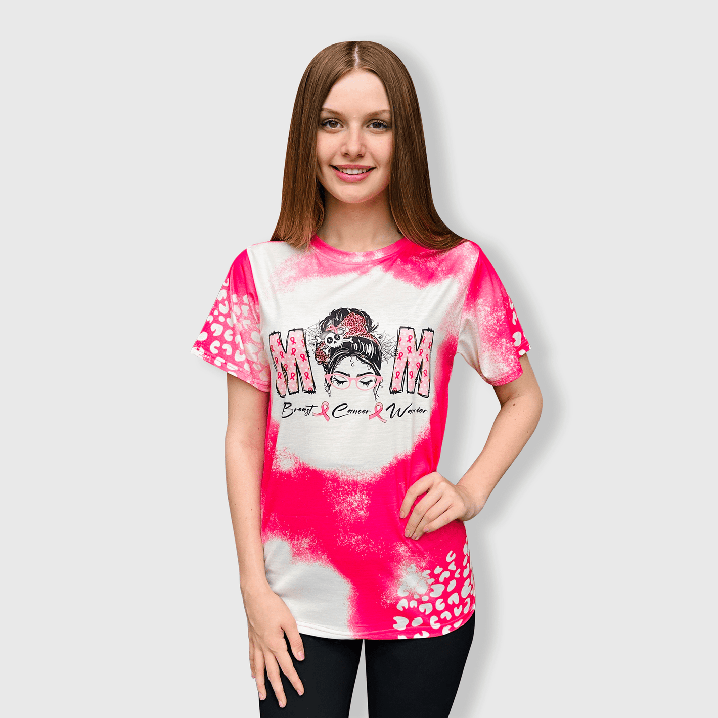 ILTEX Apparel Women's Clothing Messy Bun 'Breast Cancer ' Pink Cheetah Bleached Top