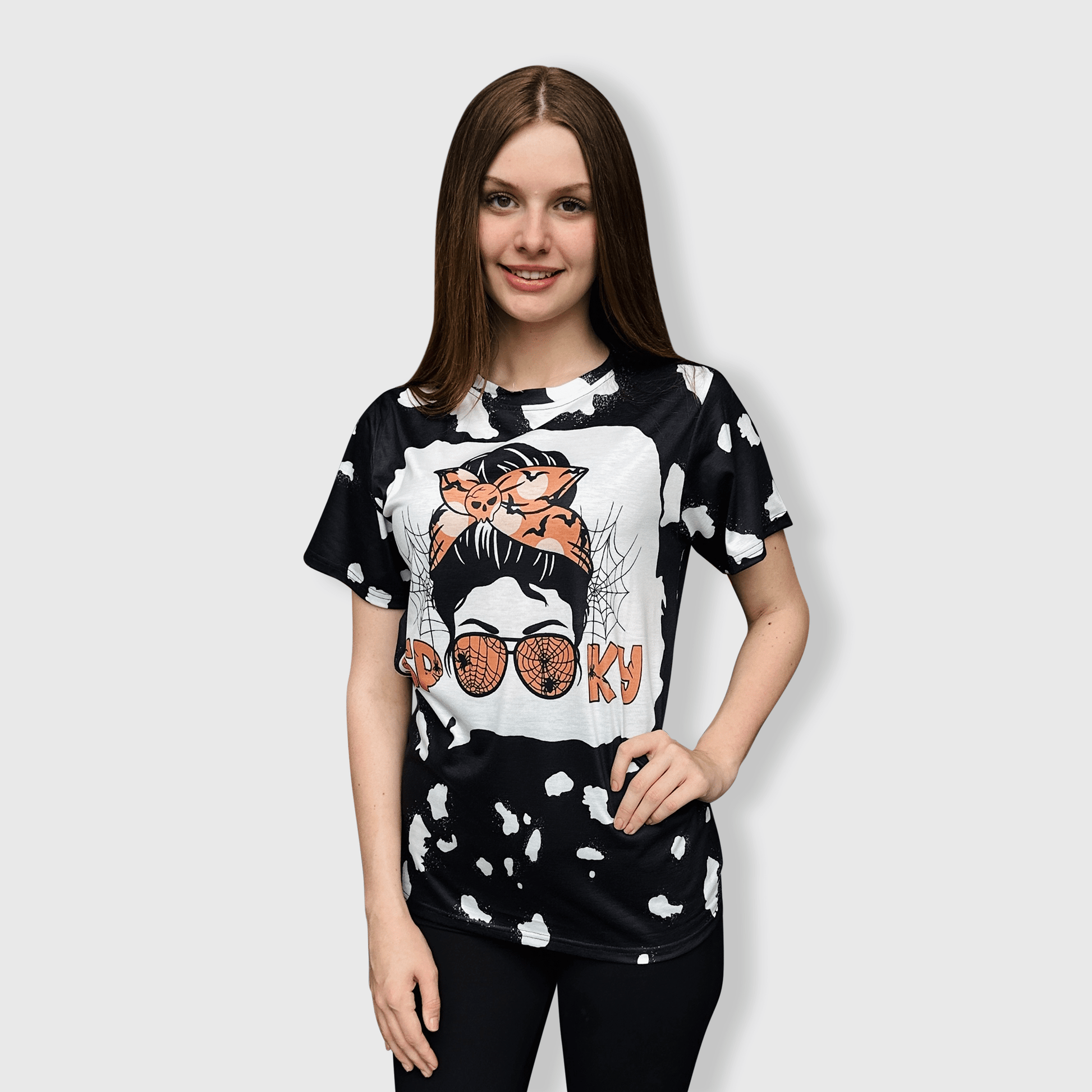 ILTEX Apparel Women's Clothing Messy Bun 'Spooky Mama' Halloween Bleached Top