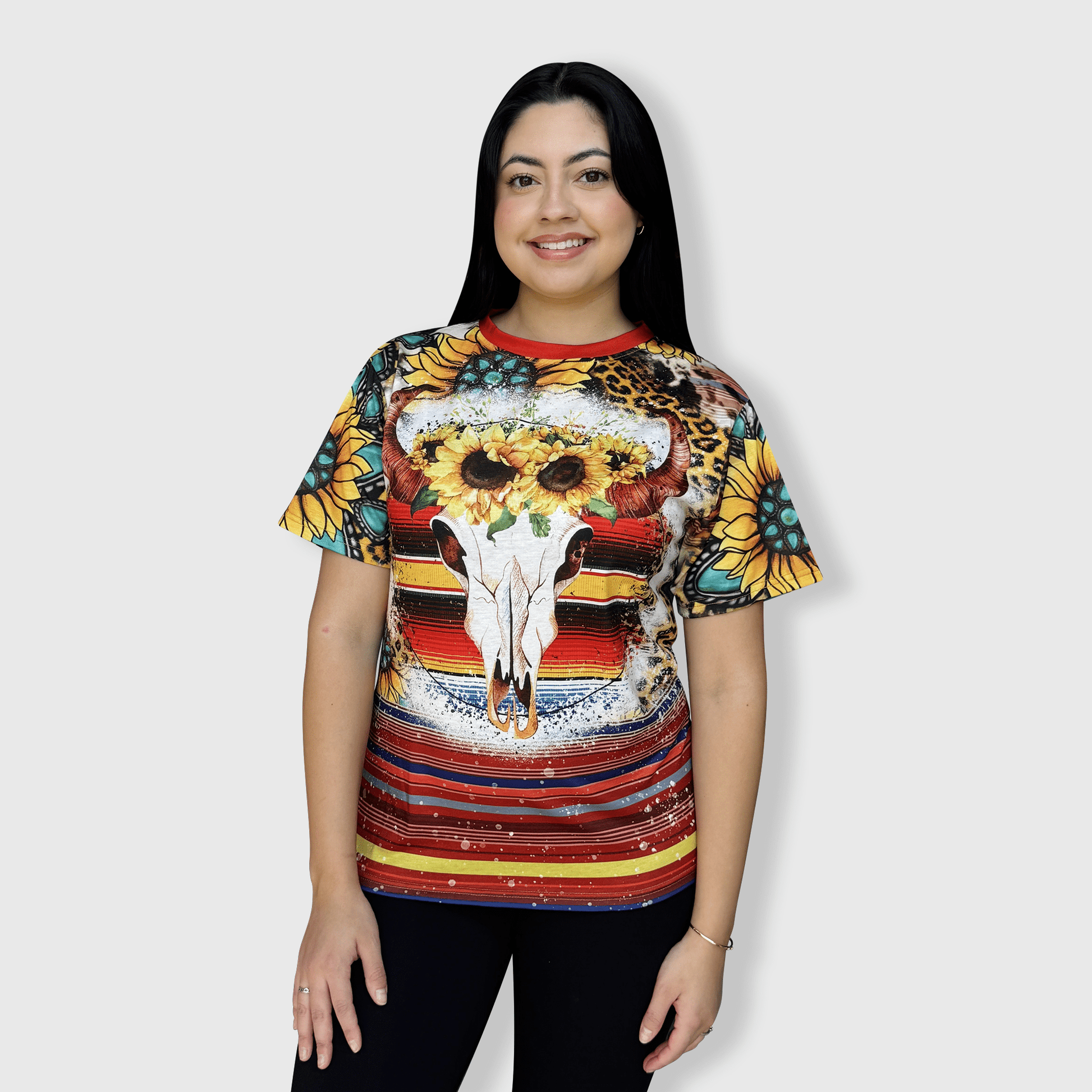 ILTEX Apparel Women's Clothing Serape Sunflower Steer Skull Bleached Top