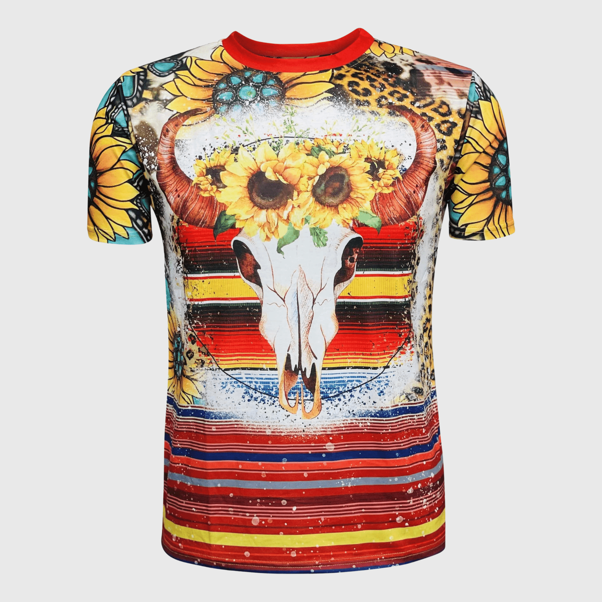 ILTEX Apparel Women's Clothing Serape Sunflower Steer Skull Bleached Top