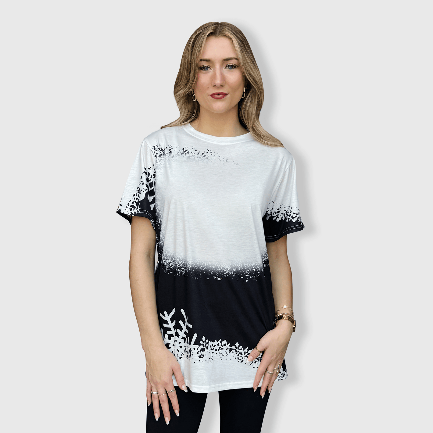 ILTEX Apparel Women's Clothing Snowflakes Black White Blank Faux Bleached Top