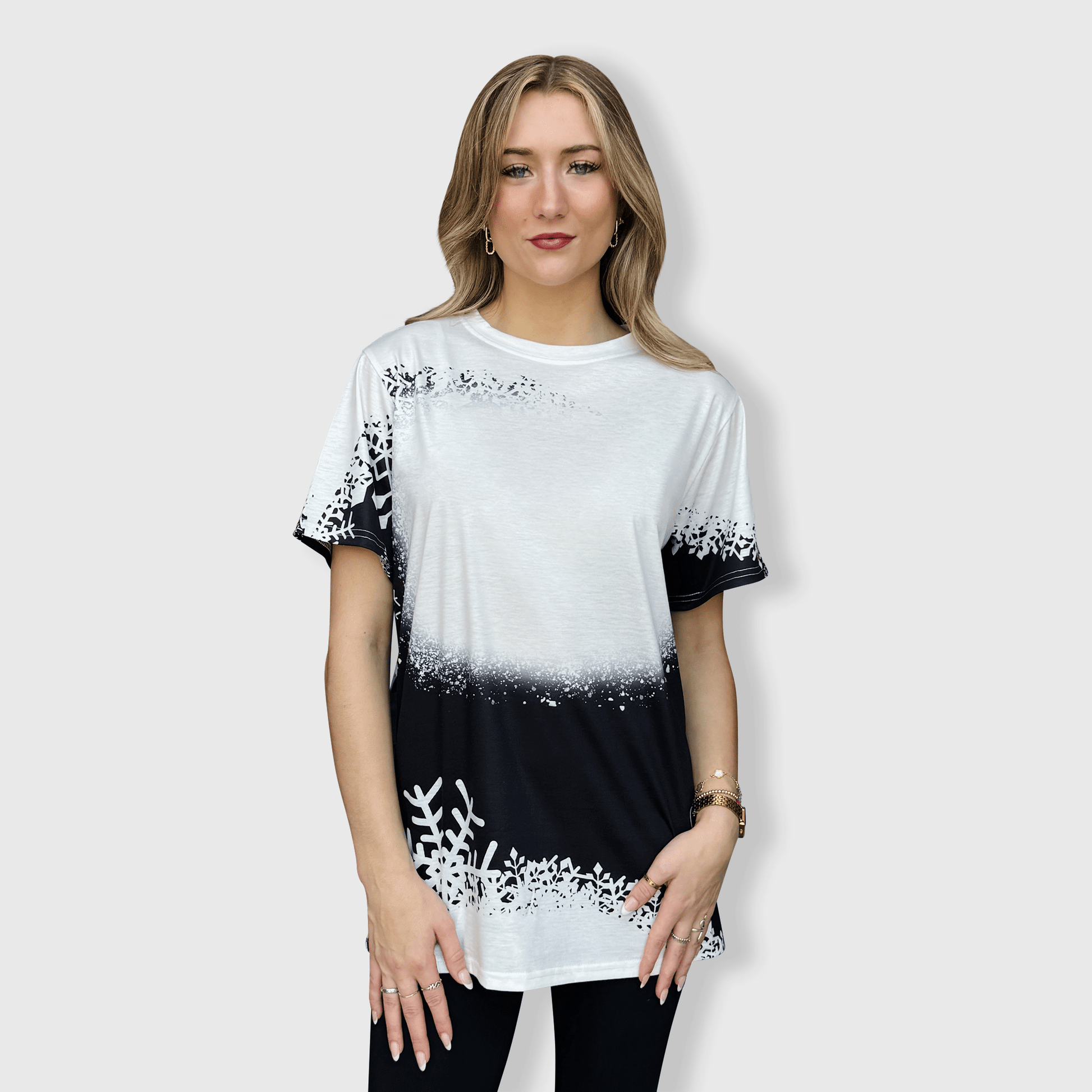 ILTEX Apparel Women's Clothing Snowflakes Black White Blank Faux Bleached Top