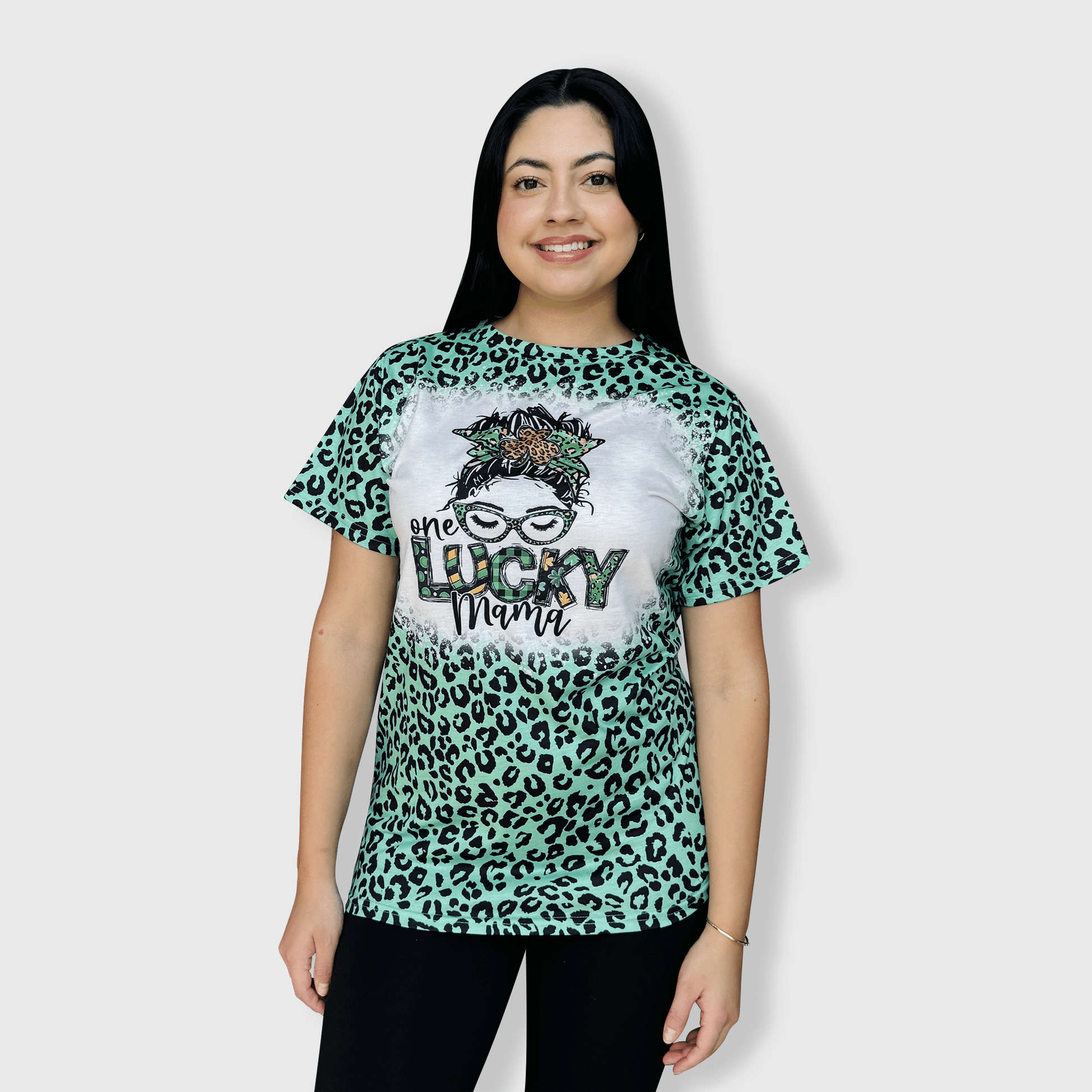 ILTEX Apparel Women's Clothing St. Patricks Lucky Mama Green Cheetah Faux Bleached Top