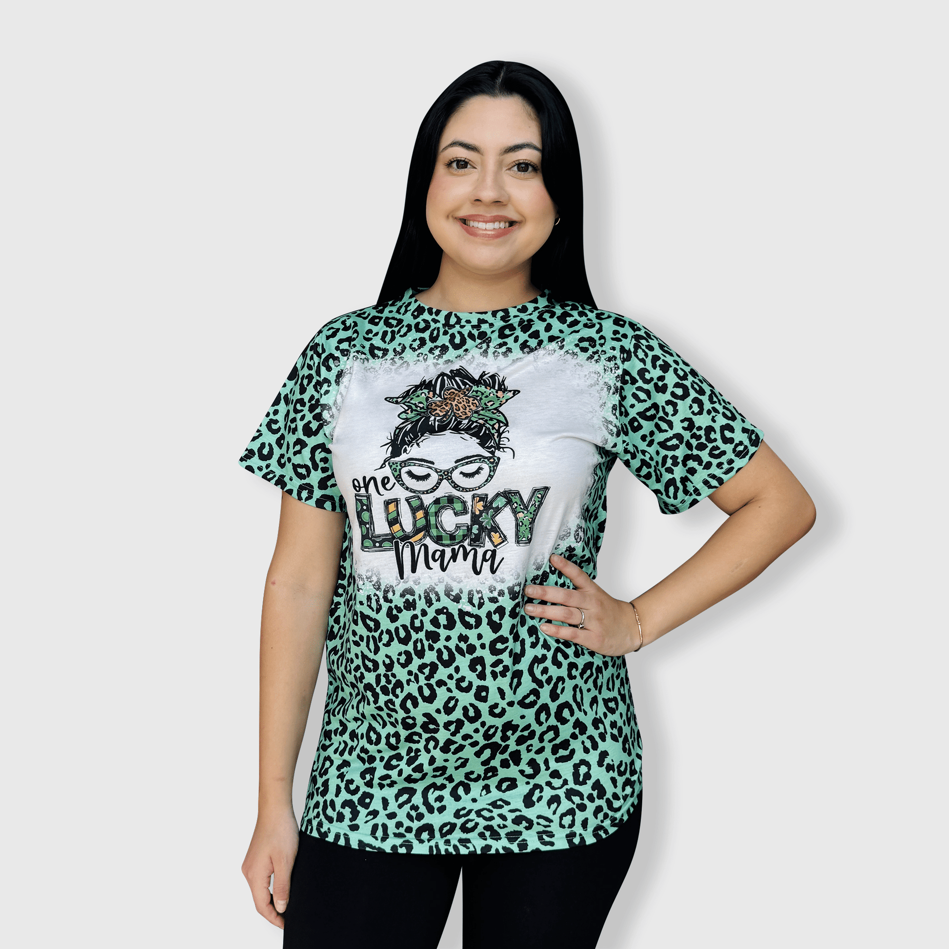 ILTEX Apparel Women's Clothing St. Patricks Lucky Mama Green Cheetah Faux Bleached Top