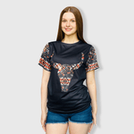 ILTEX Apparel Women's Clothing Steer Skull Aztec Black Top