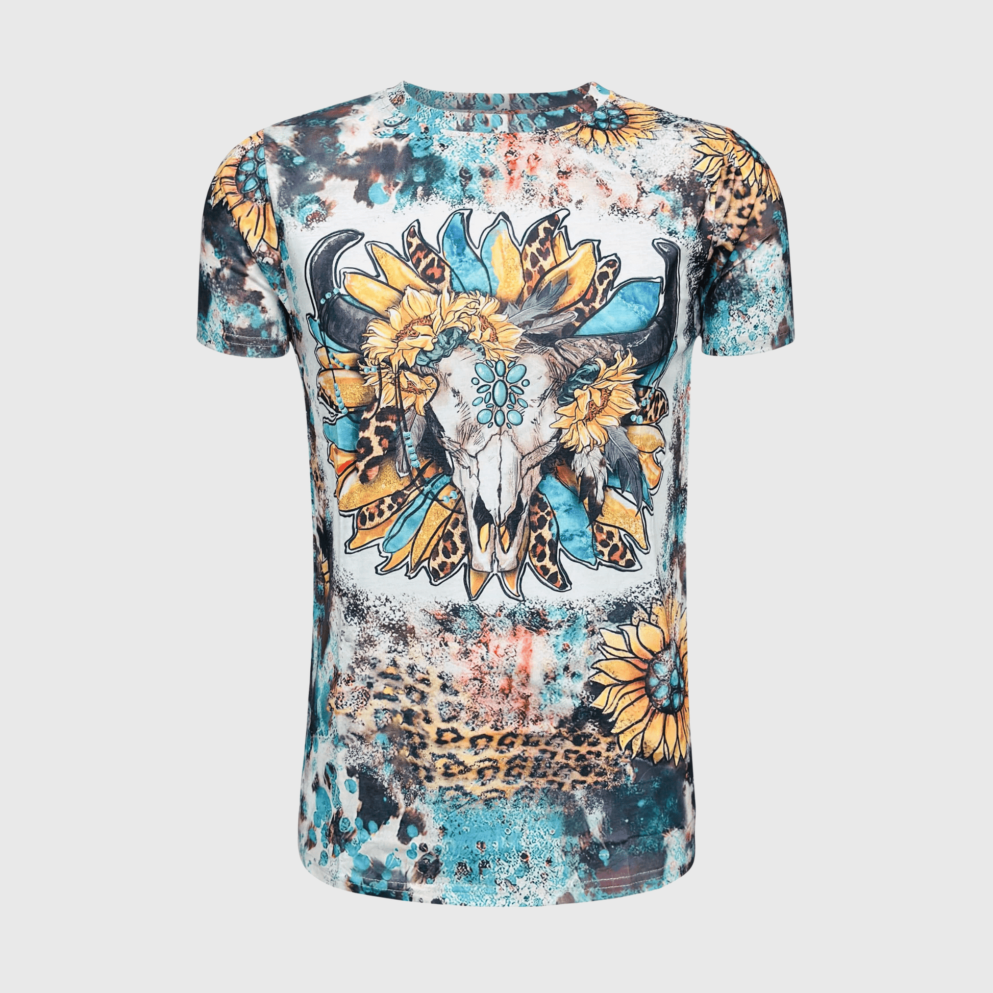 ILTEX Apparel Women's Clothing Steer Skull Sunflower Cheetah Cow Faux Bleached Top