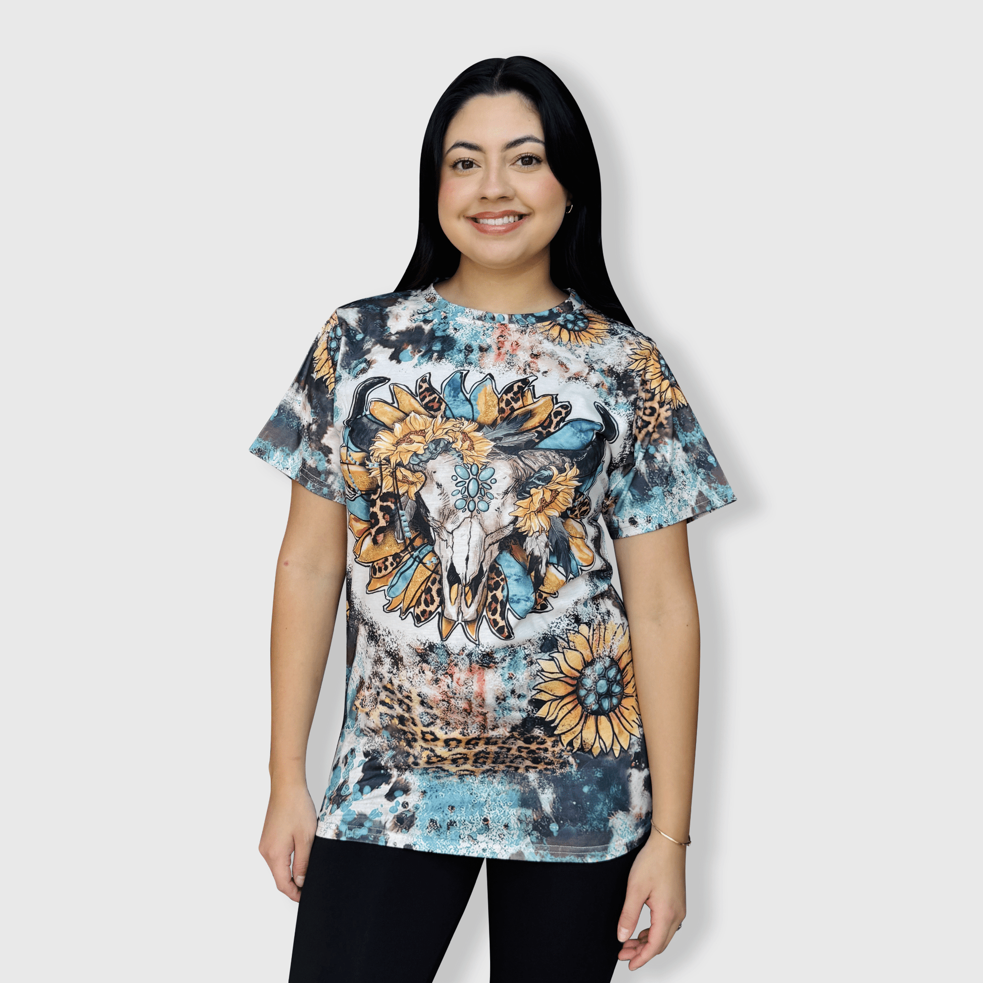 ILTEX Apparel Women's Clothing Steer Skull Sunflower Cheetah Cow Faux Bleached Top