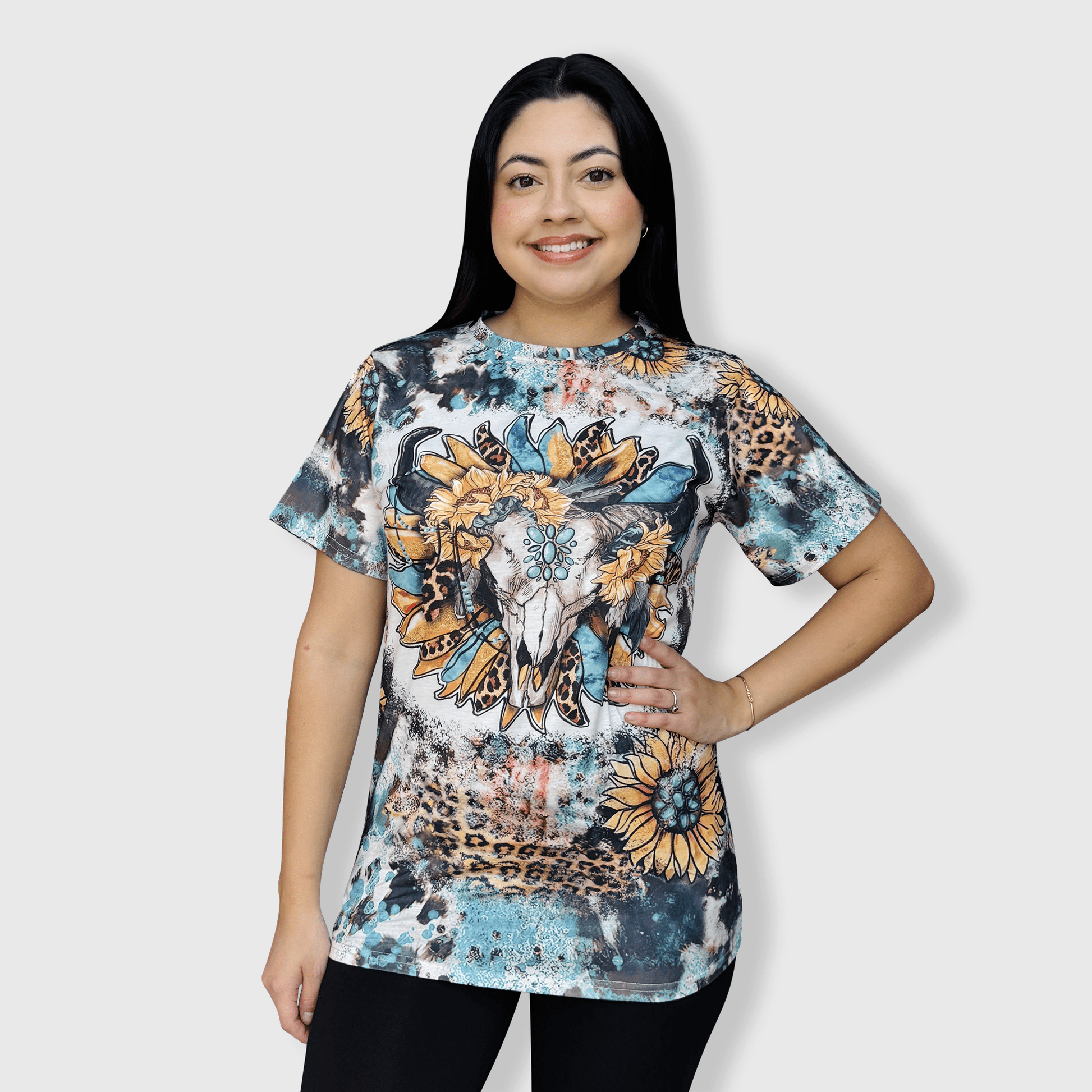 ILTEX Apparel Women's Clothing Steer Skull Sunflower Cheetah Cow Faux Bleached Top