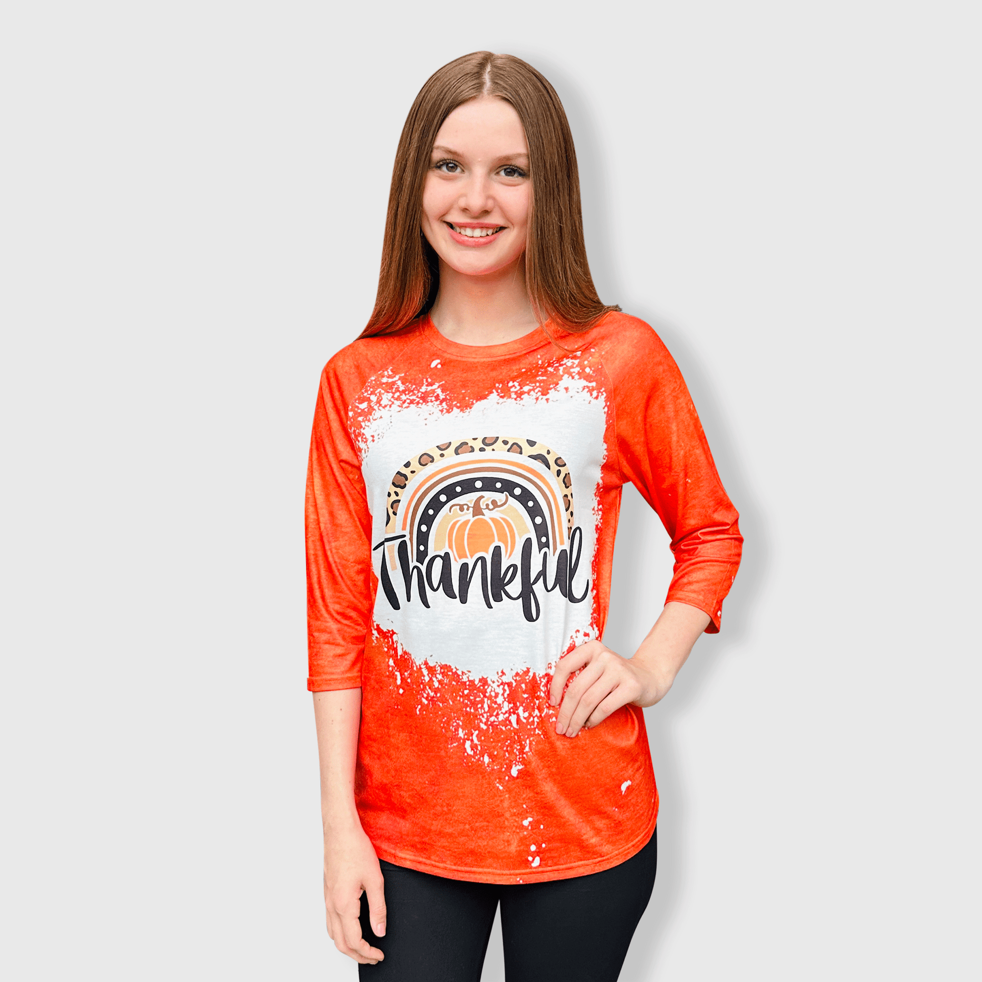 ILTEX Apparel Women's Clothing Thankful Rainbow Orange Raglan Bleached Top