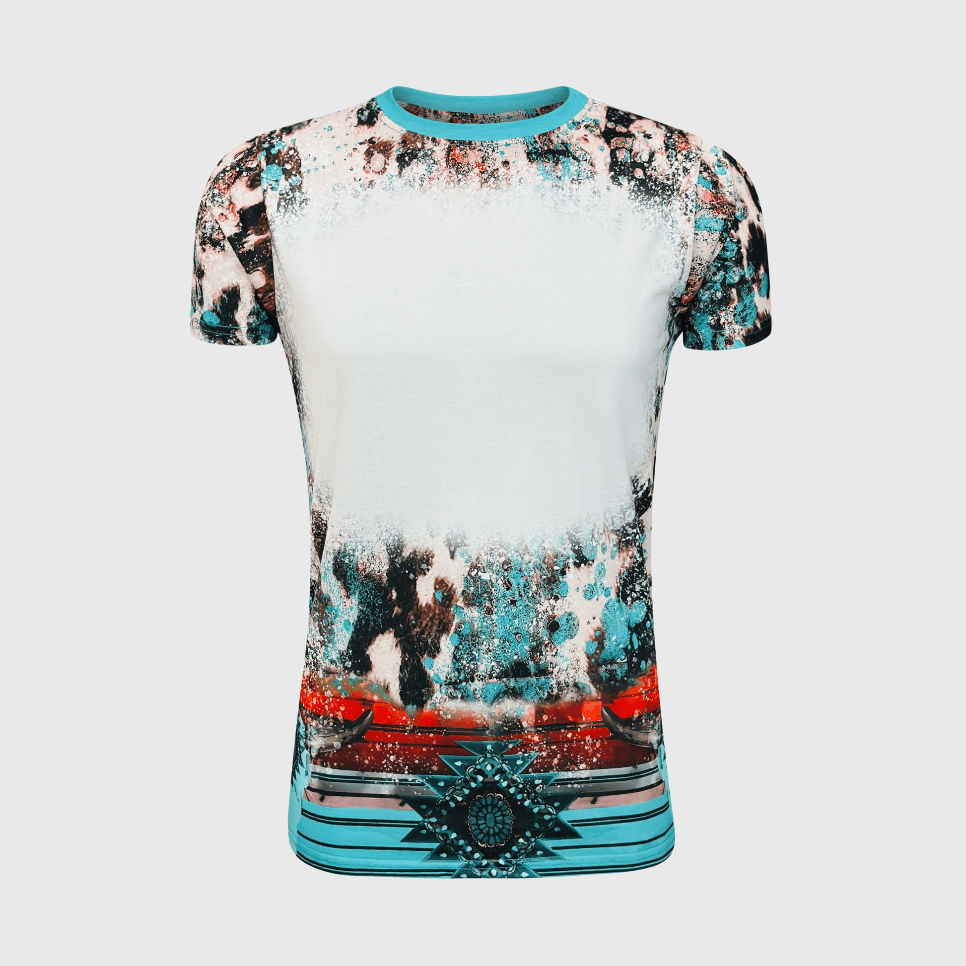 ILTEX Apparel Women's Clothing Turquoise Cow Aztec Serape Blank Faux Bleached Top
