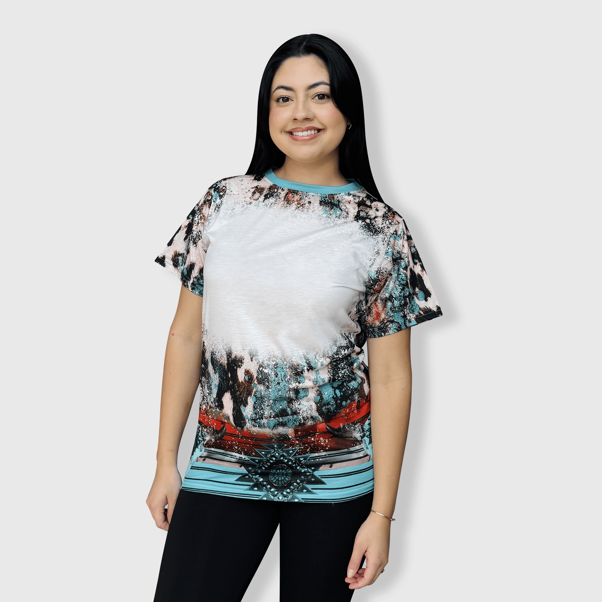ILTEX Apparel Women's Clothing Turquoise Cow Aztec Serape Blank Faux Bleached Top