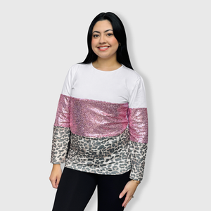 Color Block Light Pink Sequin Faded Cheetah Top